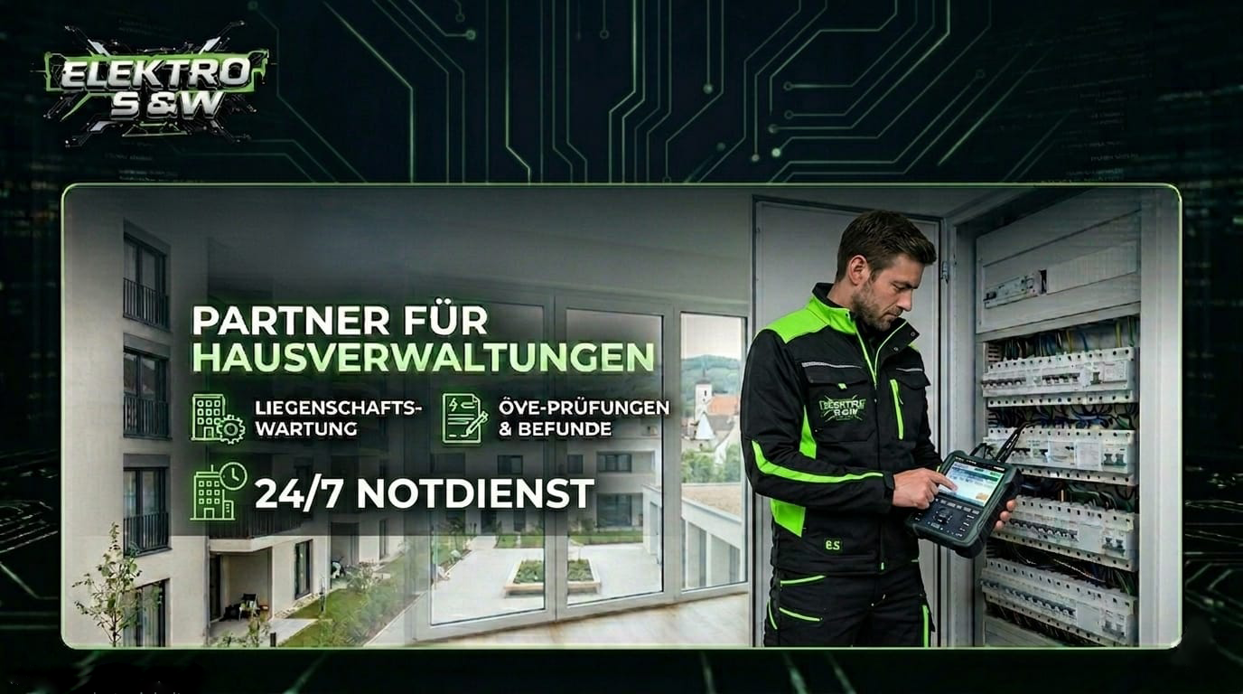 Mann arbeitet an einer Elektroverteilung mit einem tragbaren Messgerät. Text auf dem Bild: Partner für Hausverwaltungen, Liegenschafts-Wartung, Übe-Prüfungen & Befunde, 24/7 Notdienst. Hintergrund mit einem modernen Gebäude und einem Fenster.