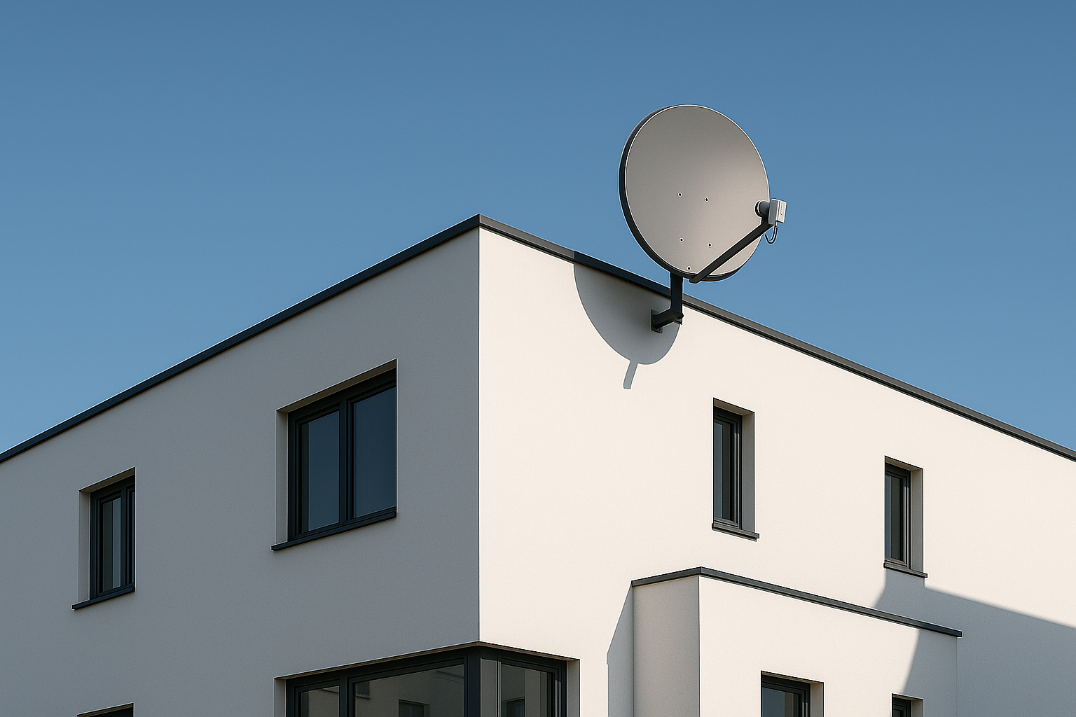 Modernes weißes Wohngebäude mit mehreren Fenstern und einem Satellitenantenne auf dem Dach gegen blauen Himmel.