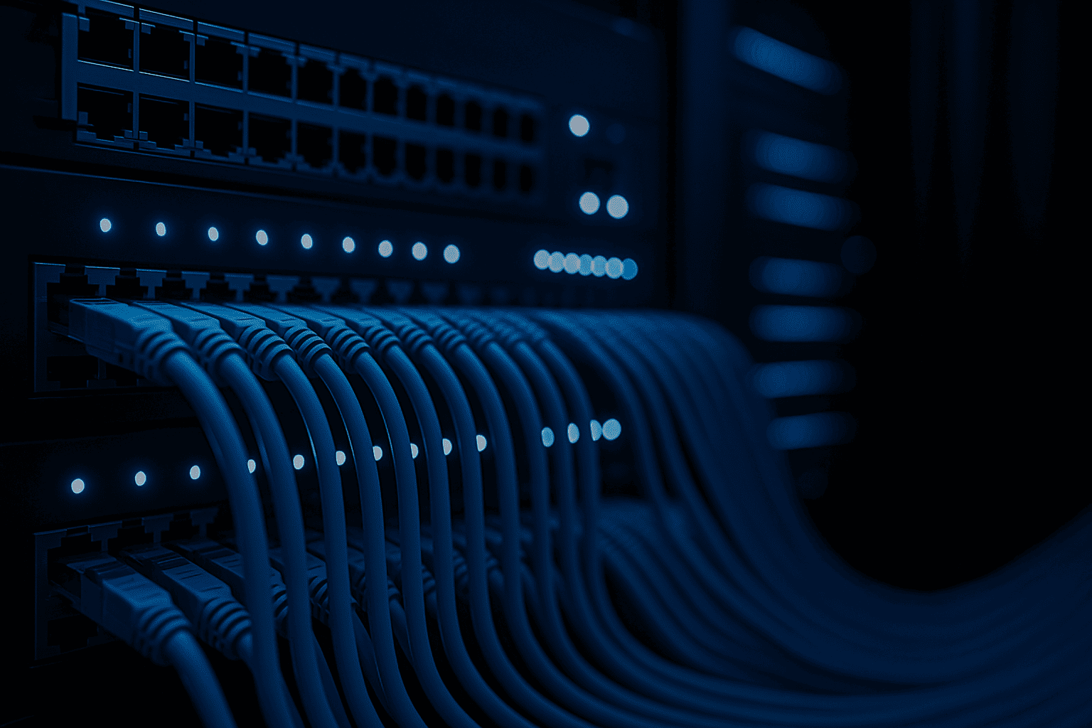 Nahaufnahme eines Netzwerkservers mit verbundenen Ethernet-Kabeln und blauen Status-LEDs in einem dunklen Serverraum.
