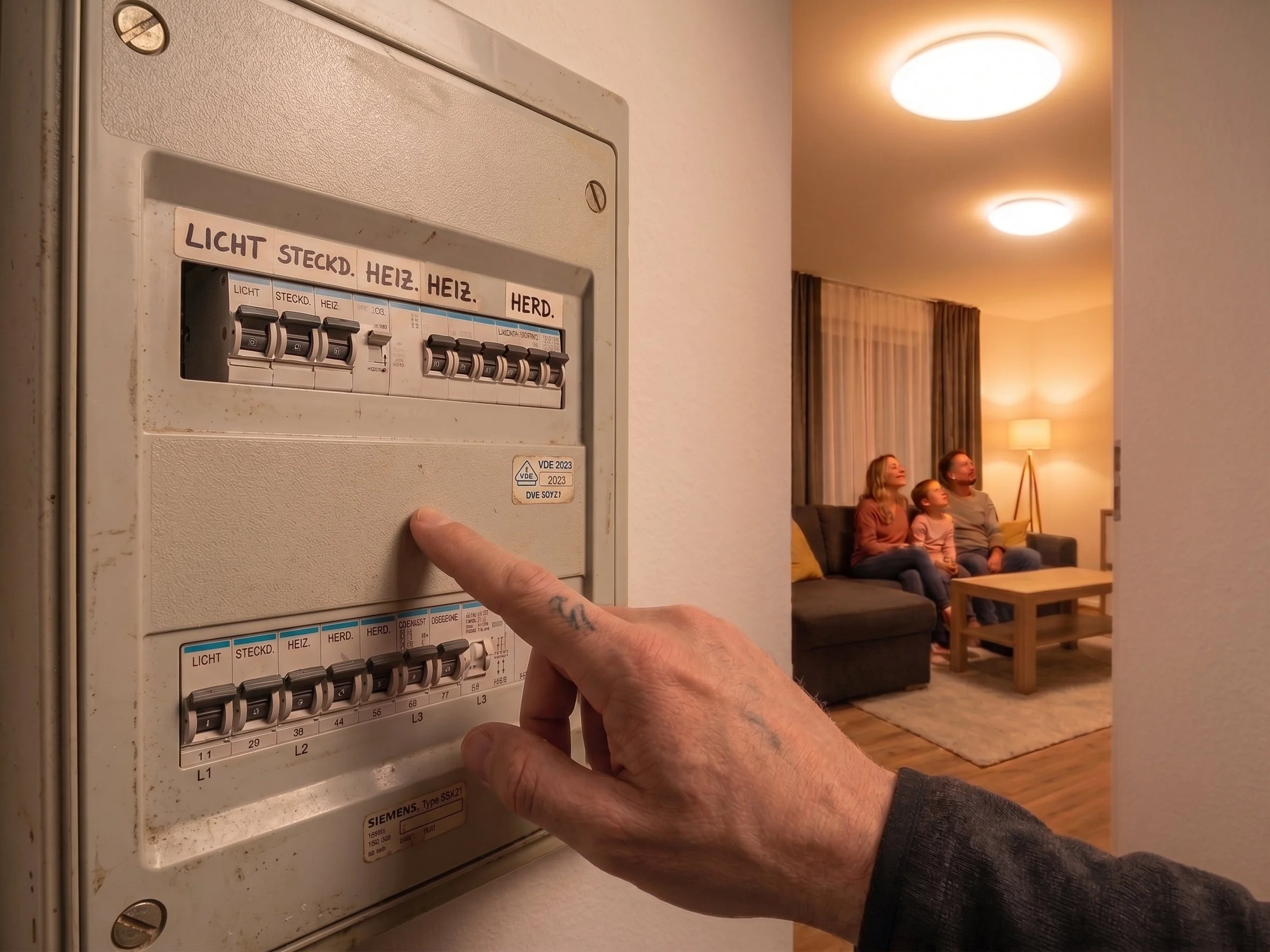 Eine Person, die ihren Finger auf einen Schalttafelknopf drückt, in einem Wohnraum, im Hintergrund eine Familie, die auf einem Sofa sitzt und einen Fernseher schaut.