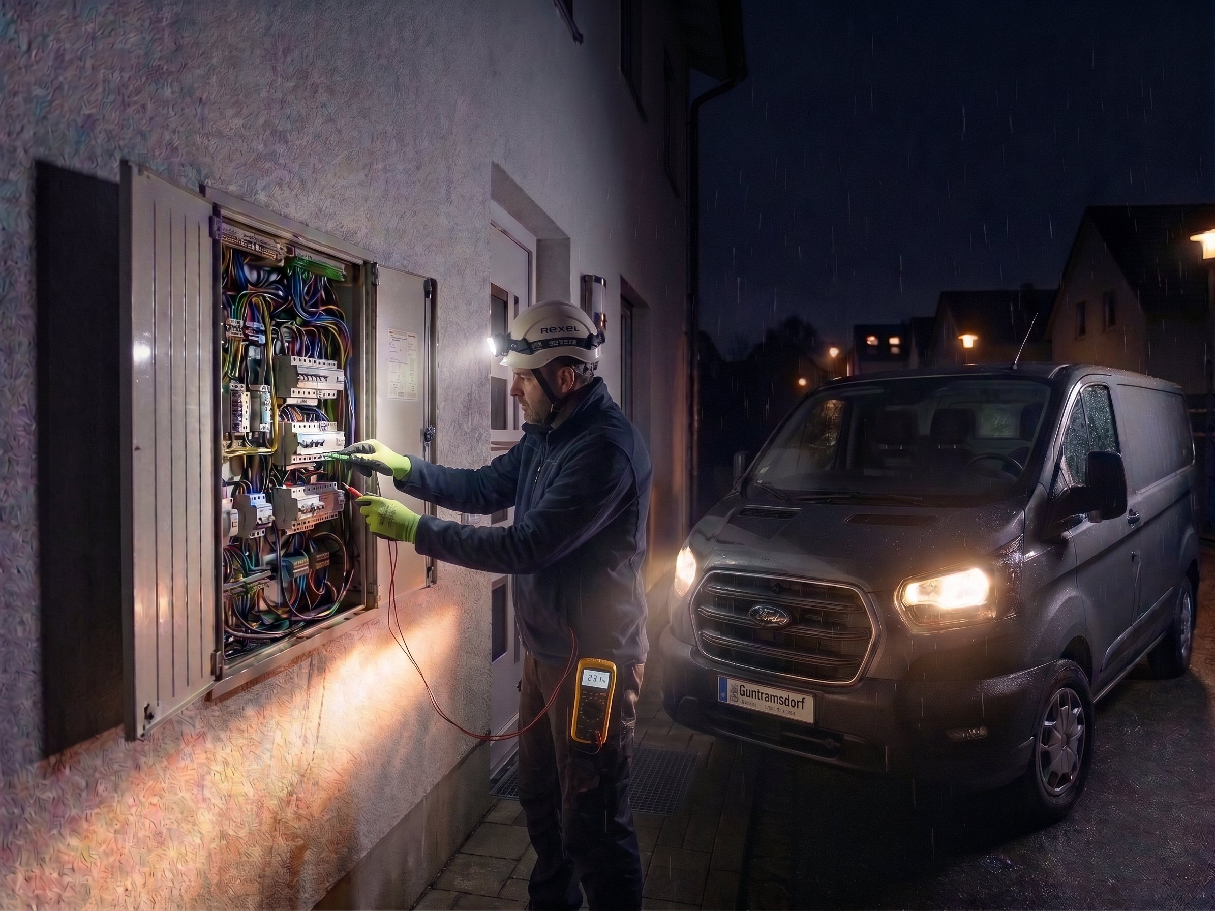 Elektriker überprüft eine offene Schalttafel an einer Außenwand bei Nacht. Es regnet leicht und ein Auto steht vor der Wand.