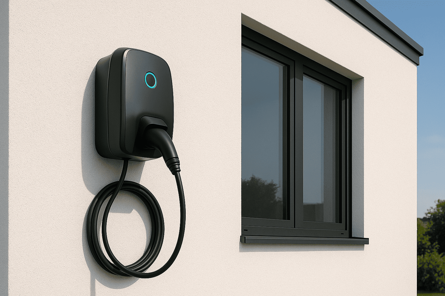 E-Auto-Ladestation an einer Hauswand mit Fenster