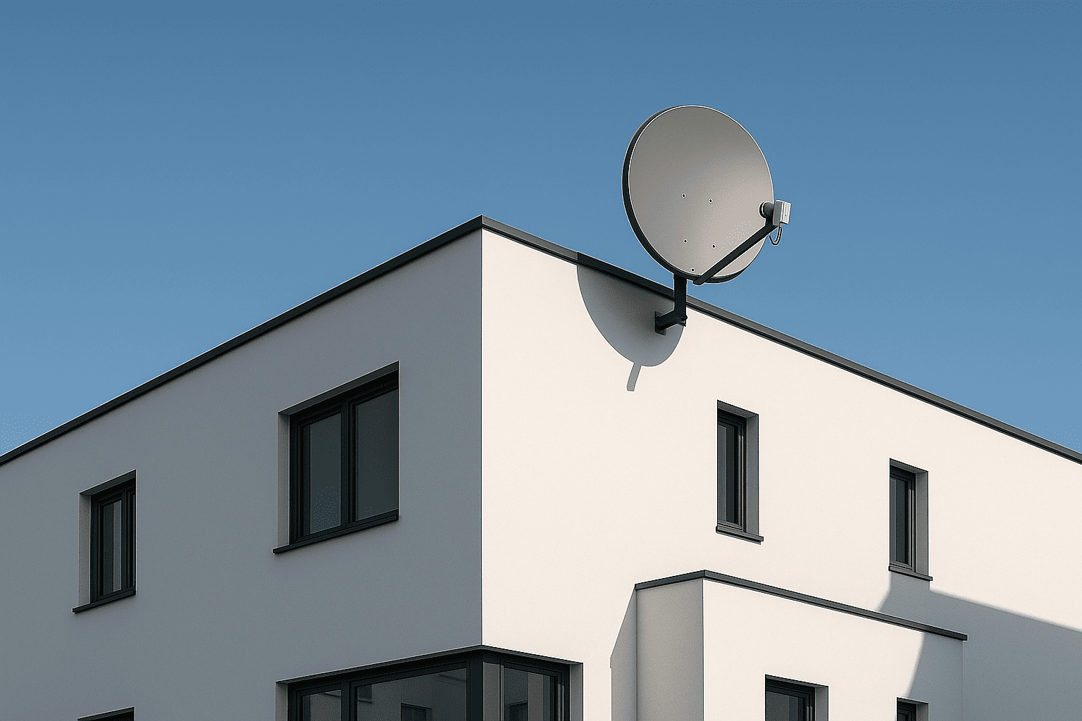 Weiße moderne Wohnung mit schwarzen Fenstern und einem Satellitenantenne auf dem Dach unter hellem blauen Himmel.