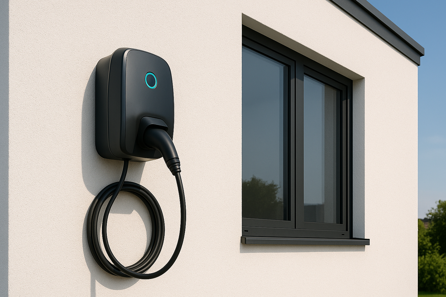 Ein modernes Elektroauto-Ladegerät an der Außenwand eines Hauses neben einem Fenster. Wallbox Installation für Elektroauto