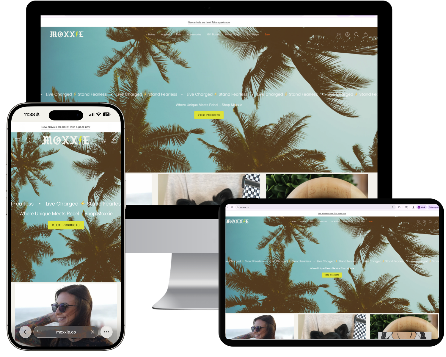 mooxie.co website on iMac, iPhone, and iPad.