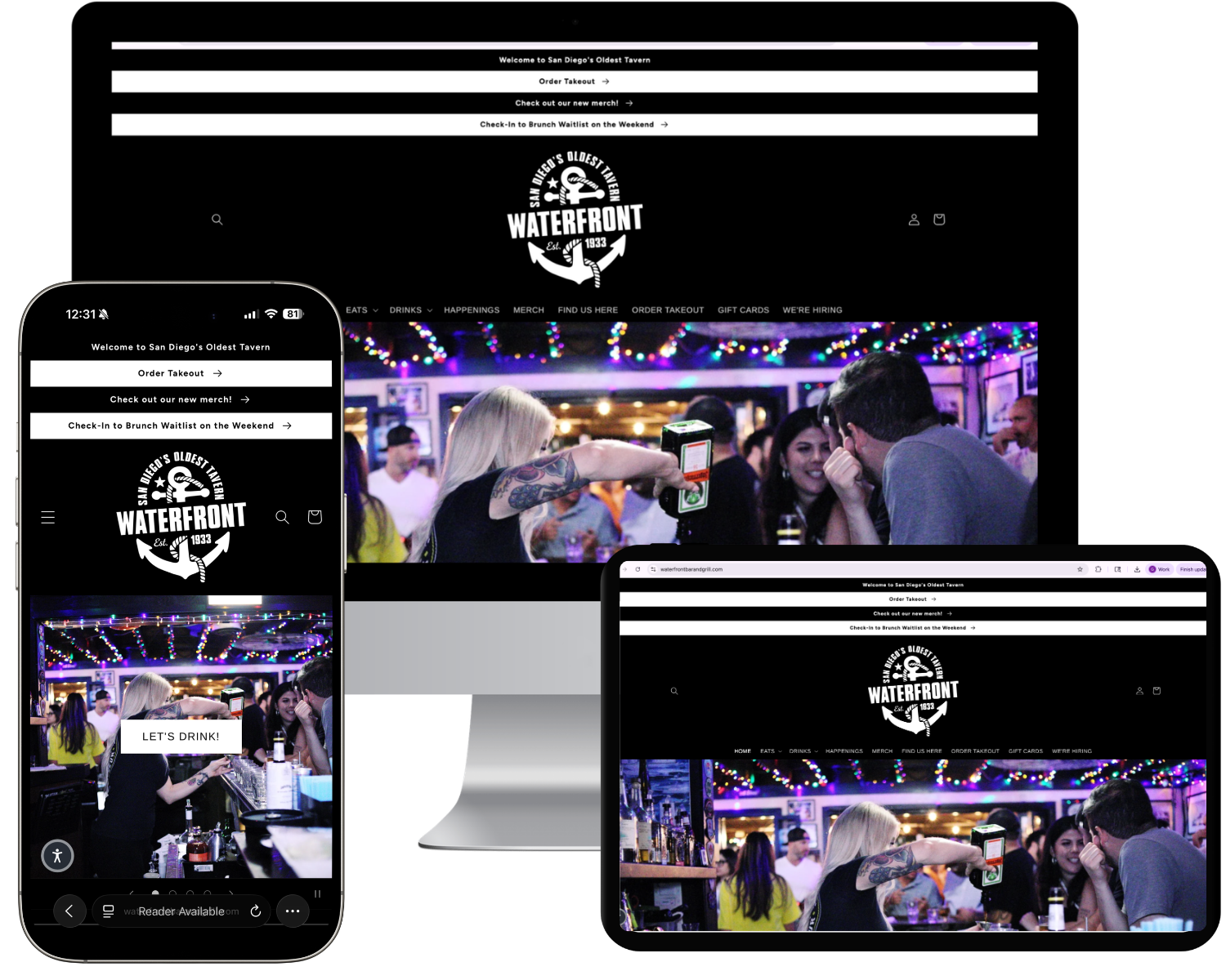 Waterfront Bar and Grill website on iMac, iPhone, and iPad.