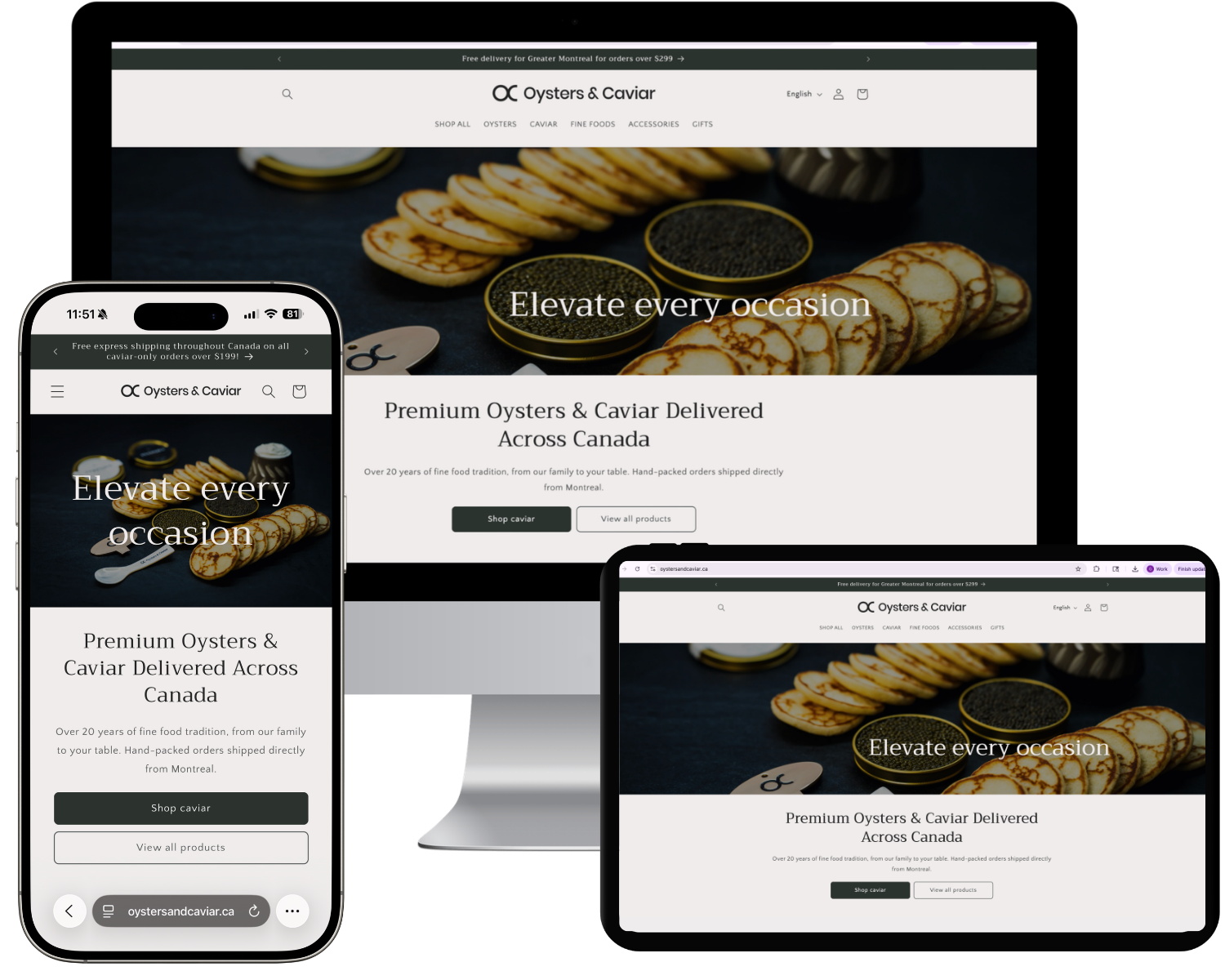 Oysters and Caviar website on iMac, iPhone, and iPad.