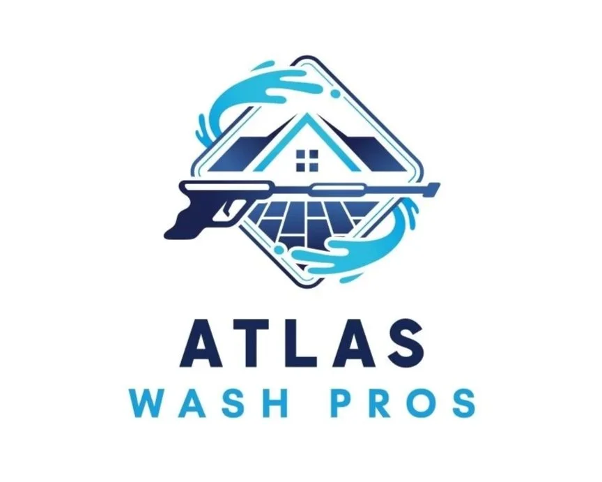 Logo for Atlas Wash Pros featuring a house, a pressure washer wand, and water splashes in blue tones, with the company name below.