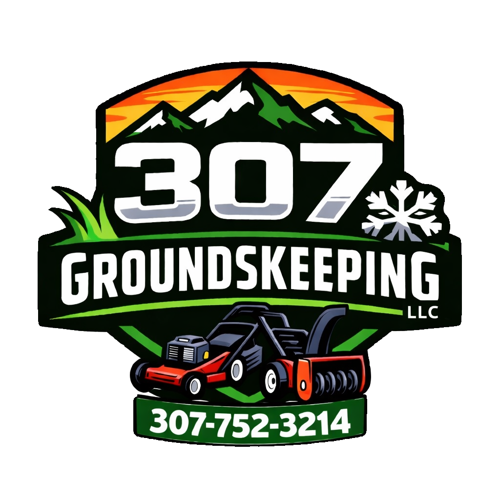 Logo for 307 Groundskeeping LLC featuring a mountain, sunset, snowflake, grass, and lawn mower, with contact number 307-752-3214.