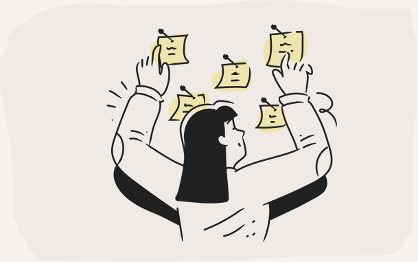 illlustration of a woman busily reviewing post-it notes on the wall