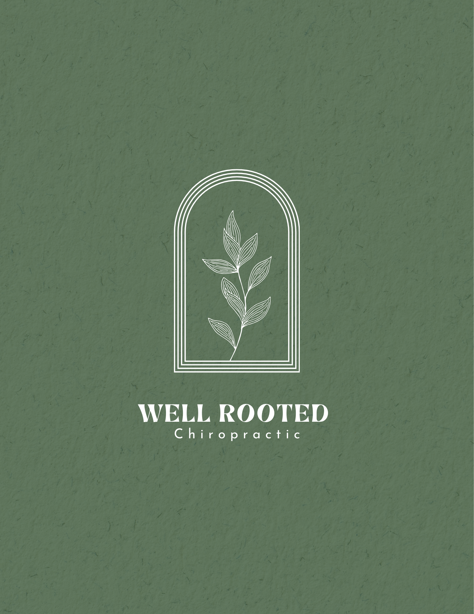 Green textured background with white line art of a leafy branch inside an arched frame, and the text 'WELL ROOTED Chiropractic' beneath.