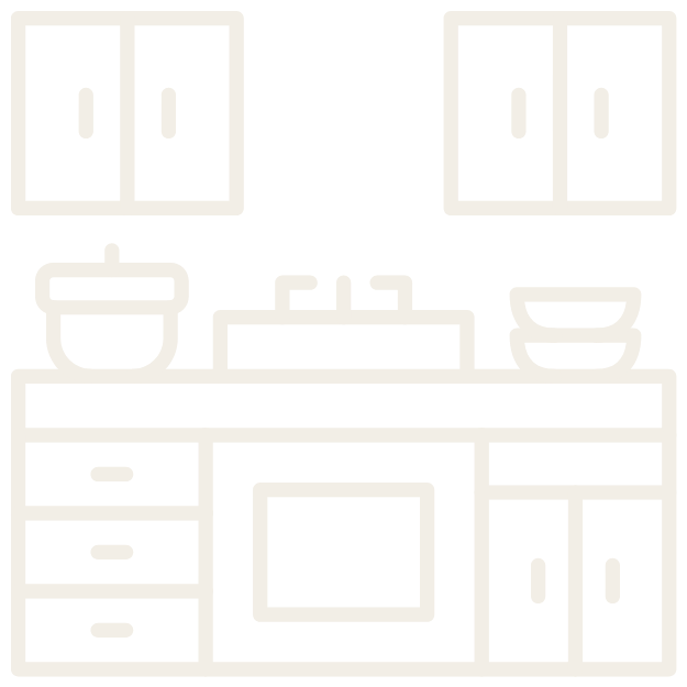 Line drawing of a kitchen cabinet with two upper doors, a stove with pots and bowls on top, and lower cabinets and drawers.