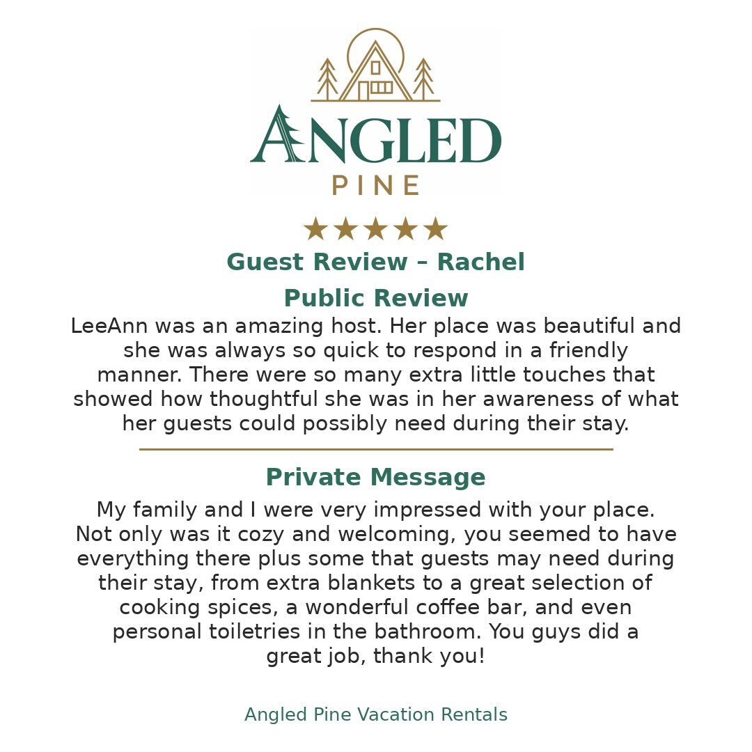 Reviews like this remind us why we love hosting 🌲

We put a lot of care into making Angled Pine A-Frame cozy, welcoming, and stocked with the little things guests might need, from blankets and coffee to cooking essentials.

Thank you Rachel for the 