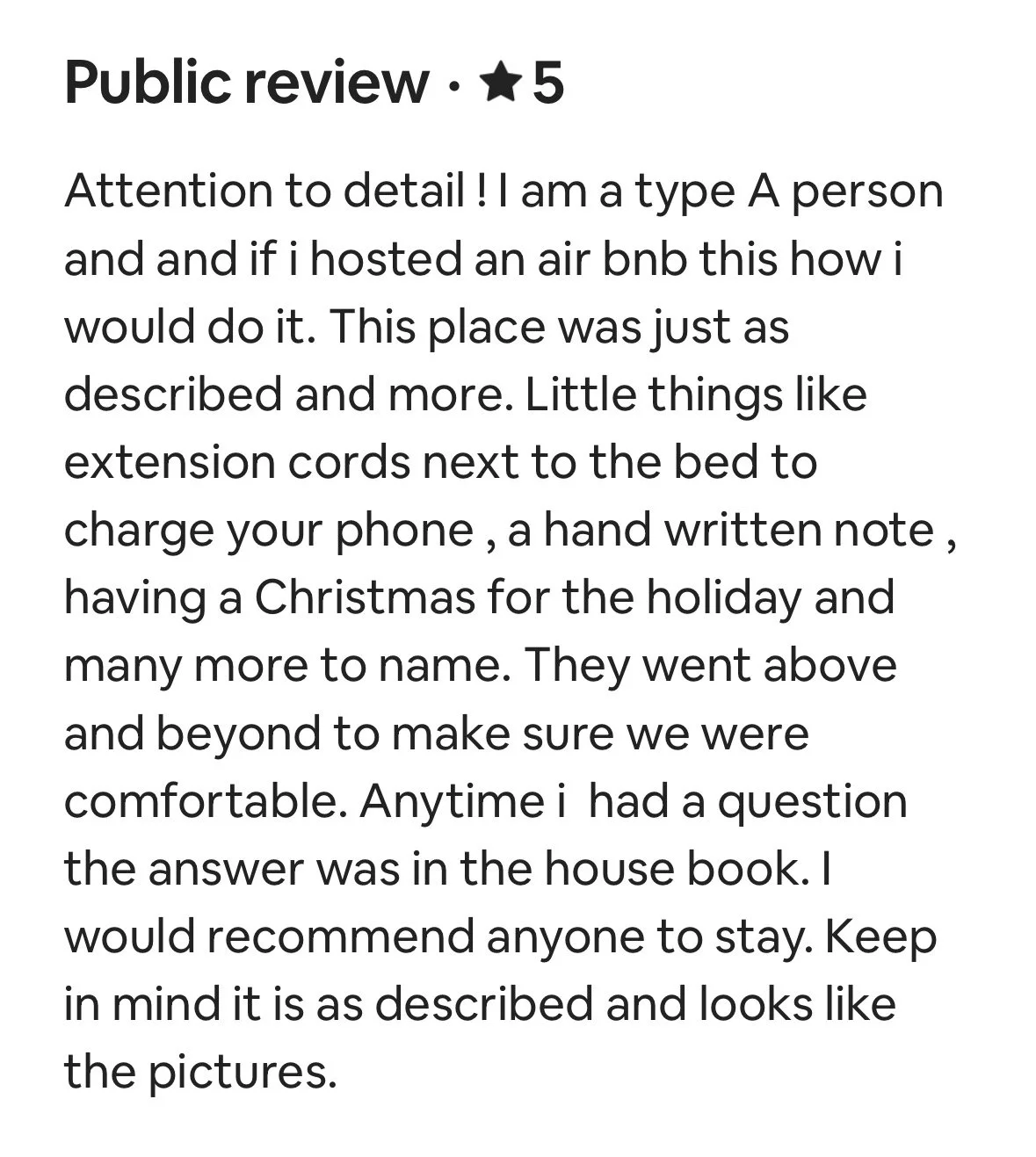 Screenshot of a positive 5-star public review about a stay at an Airbnb, mentioning amenities like extension cords, handwritten notes, and holiday decorations, with a recommendation to others.