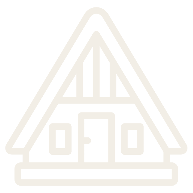 Line drawing of a small triangular house with a door, two windows, and a chimney on a flat base.