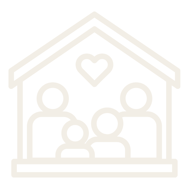 Line drawing of a family inside a house with a heart above them