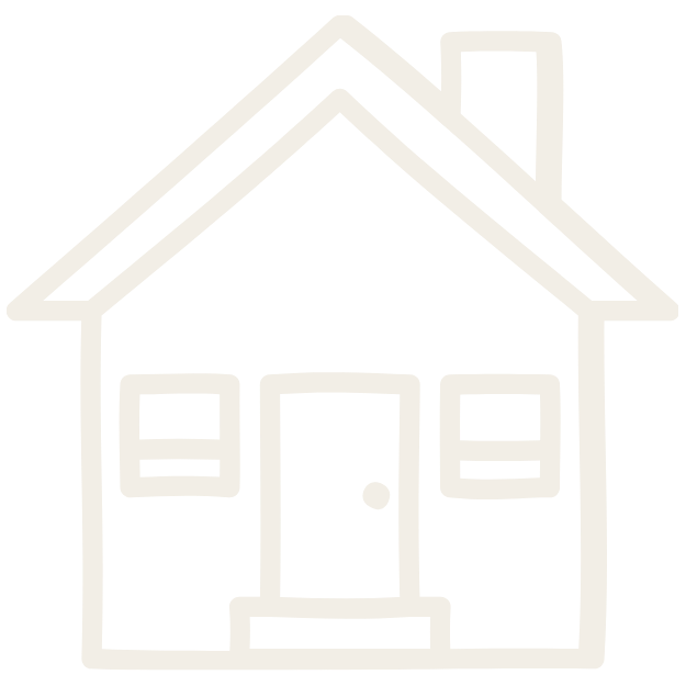 Simple line drawing of a house with a front door, two windows, and a chimney.