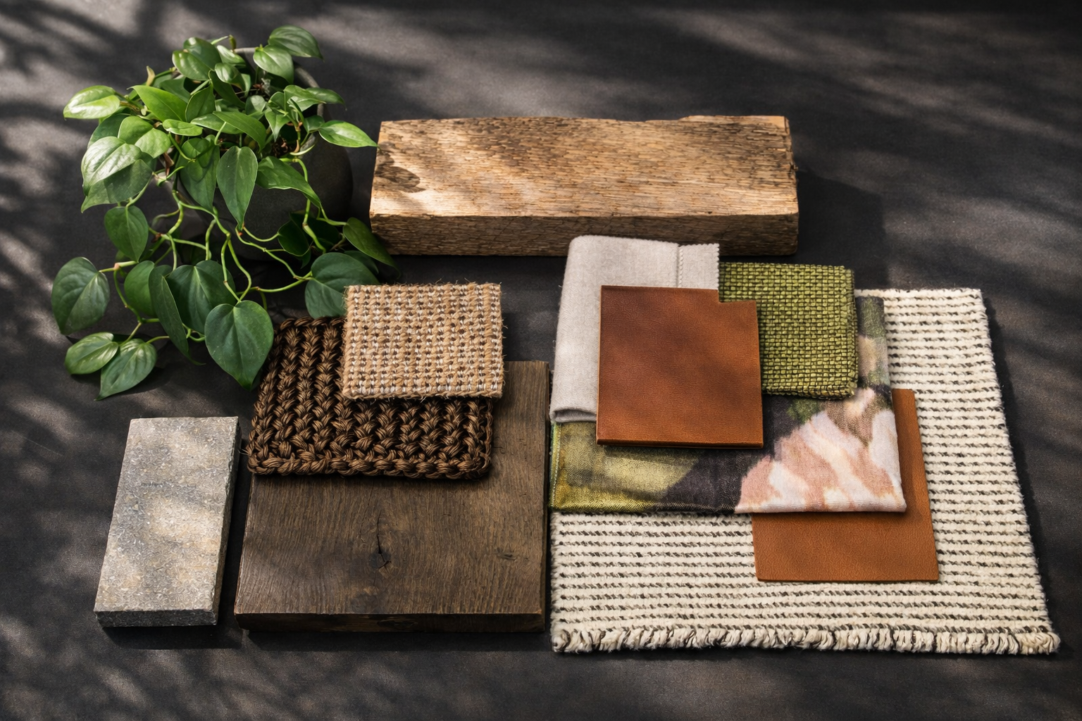 Arrangement of interior design materials including fabric swatches, wood pieces, a plant, and fabric samples on a black surface.