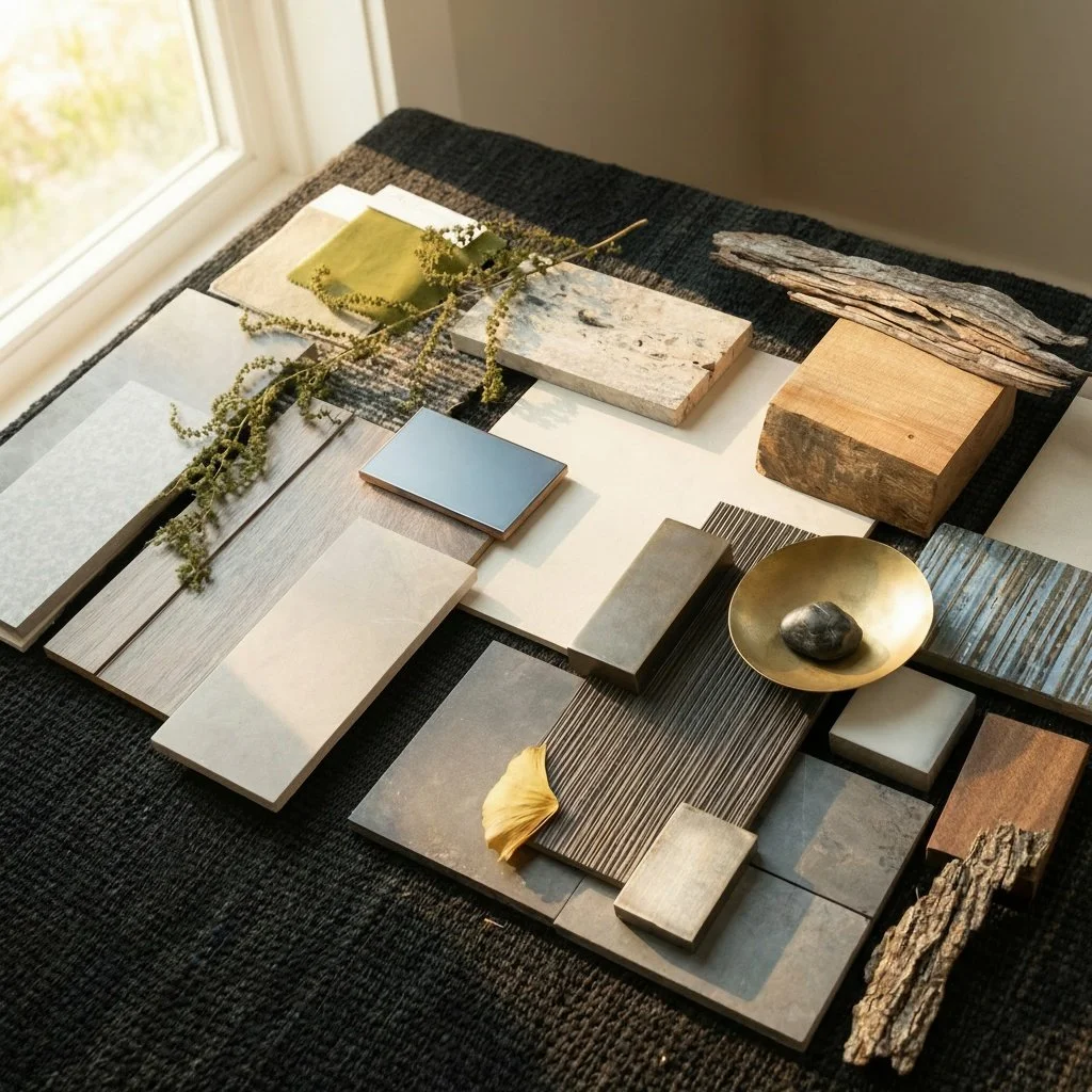 Arrangement of various tiles, wood samples, and decorative items on a black fabric surface near a window.