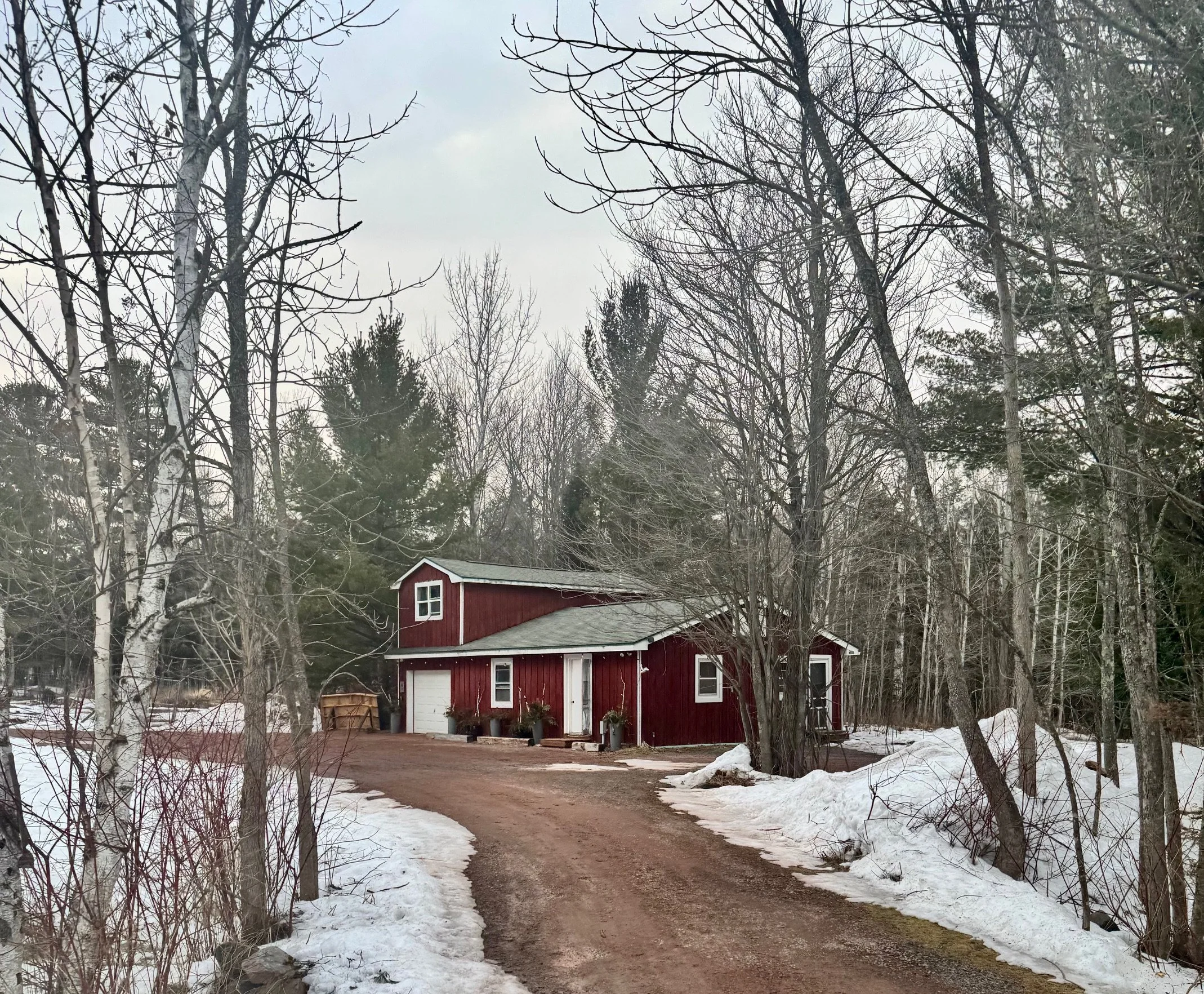 A red barn with white trim and a snowy landscape surround a dirt driveway, with leafless trees and some evergreen trees in the background.