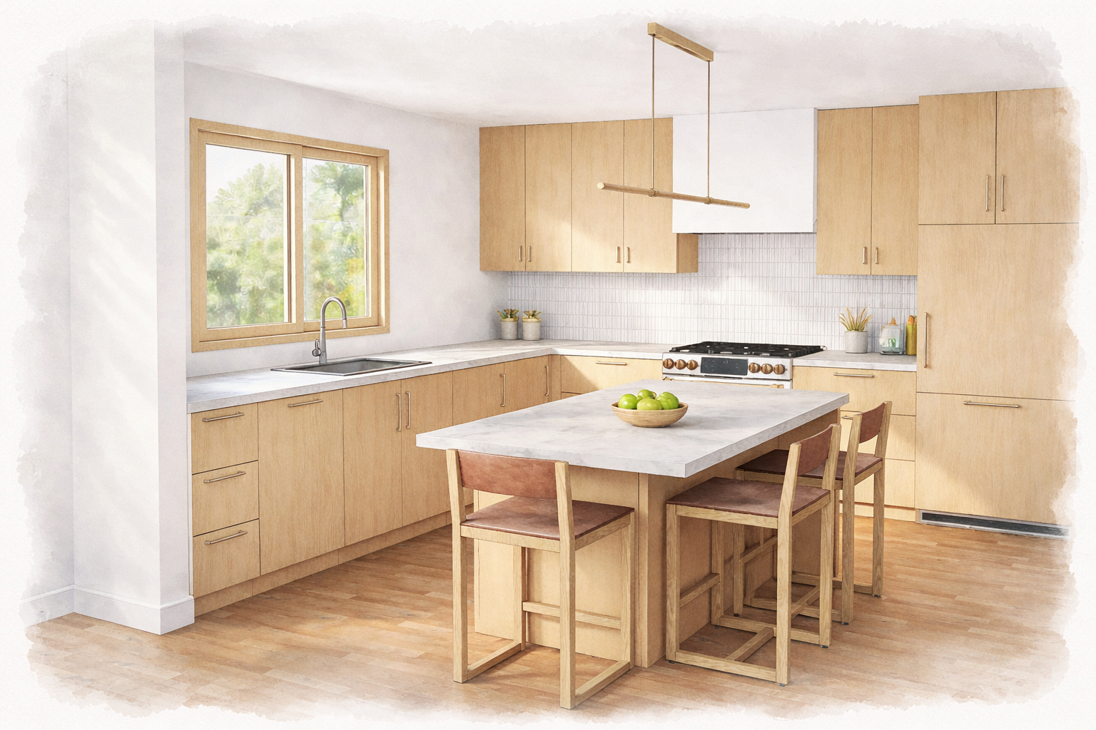 Bright kitchen with light wood cabinets, a large window above the sink, a white marble island with three chairs, and minimal decor including a bowl of green apples.