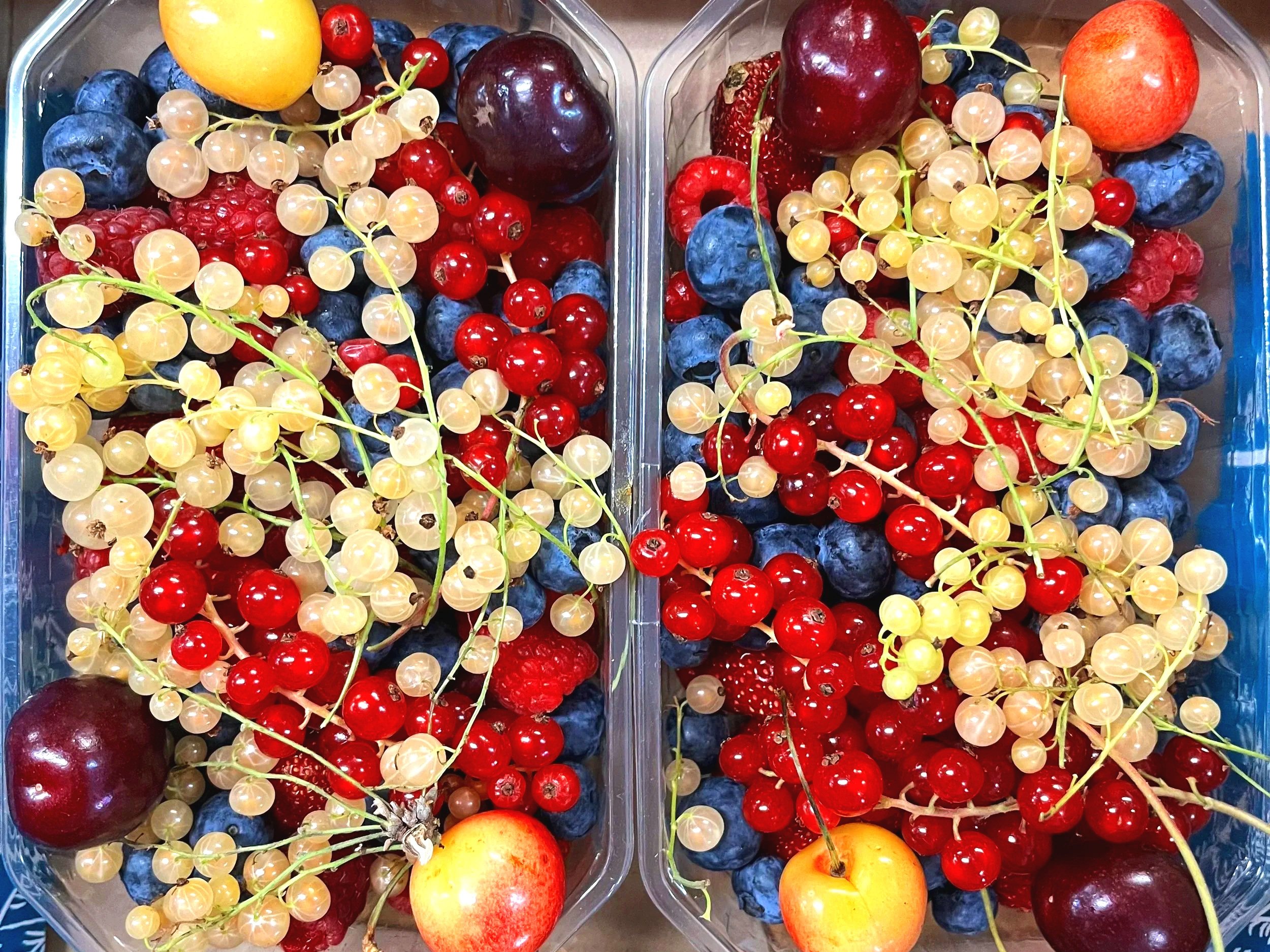 Two containers filled with mixed berries, including blueberries, red currants, white currants, strawberries, blackberries, and peaches.