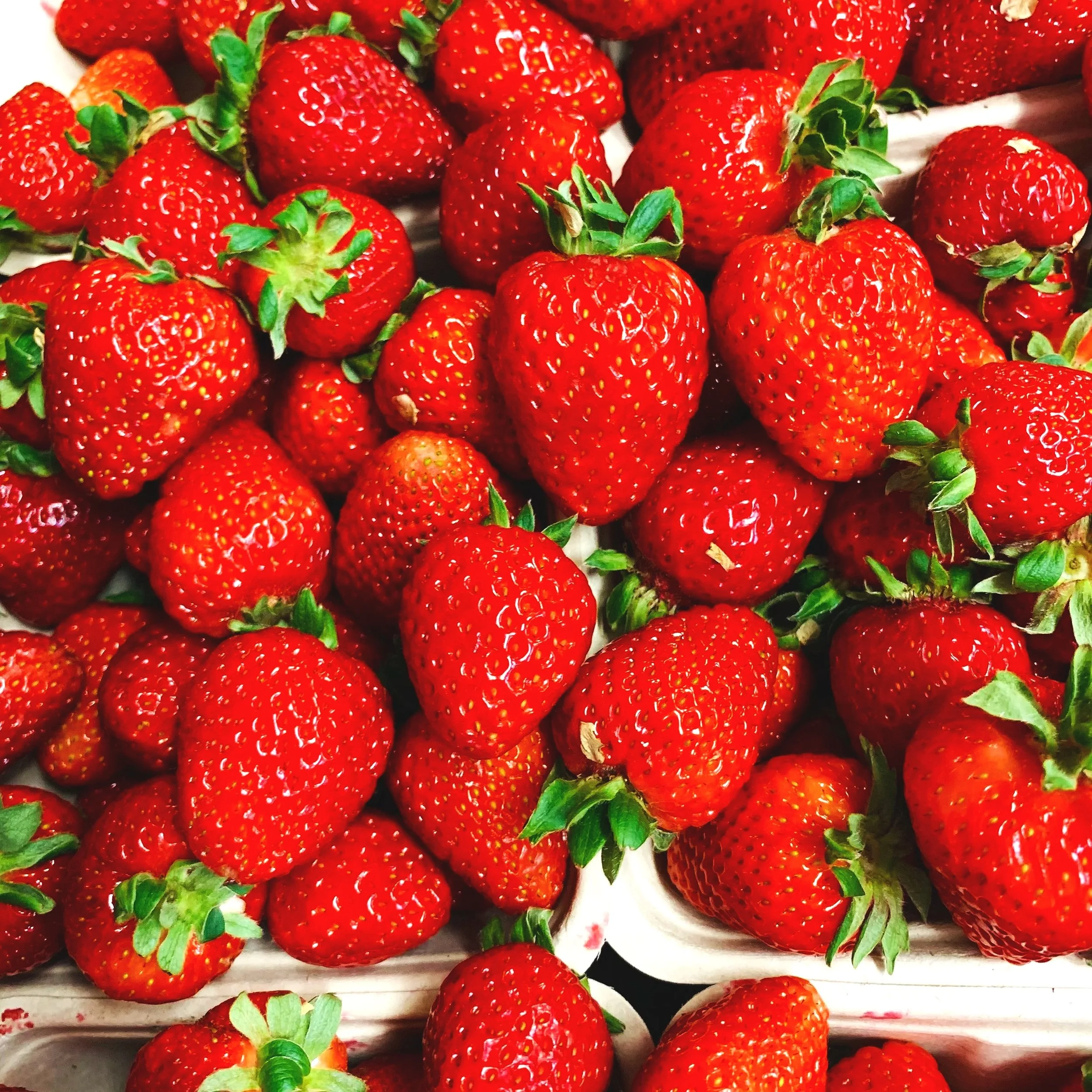 Close-up of fresh, ripe strawberries with green leaves on display.