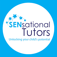 Logo for SENsational Tutors with blue and white colors, stars, and the tagline 'Unlocking your child's potential'