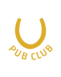 Gold emblem with the words 'PUB CLUB' curved along the bottom and a stylized horseshoe above.
