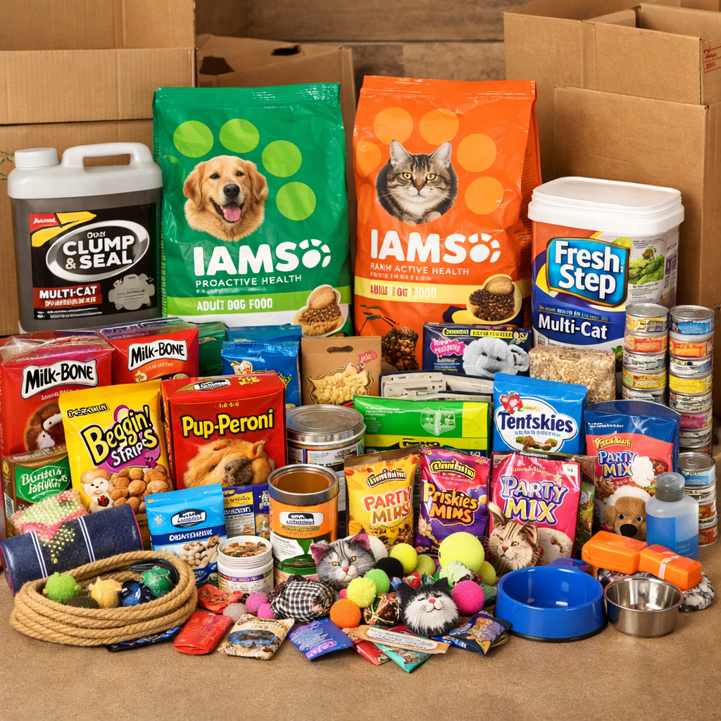 An assortment of pet supplies including dog and cat food, treats, toys, and accessories, arranged on the floor with cardboard boxes in the background.
