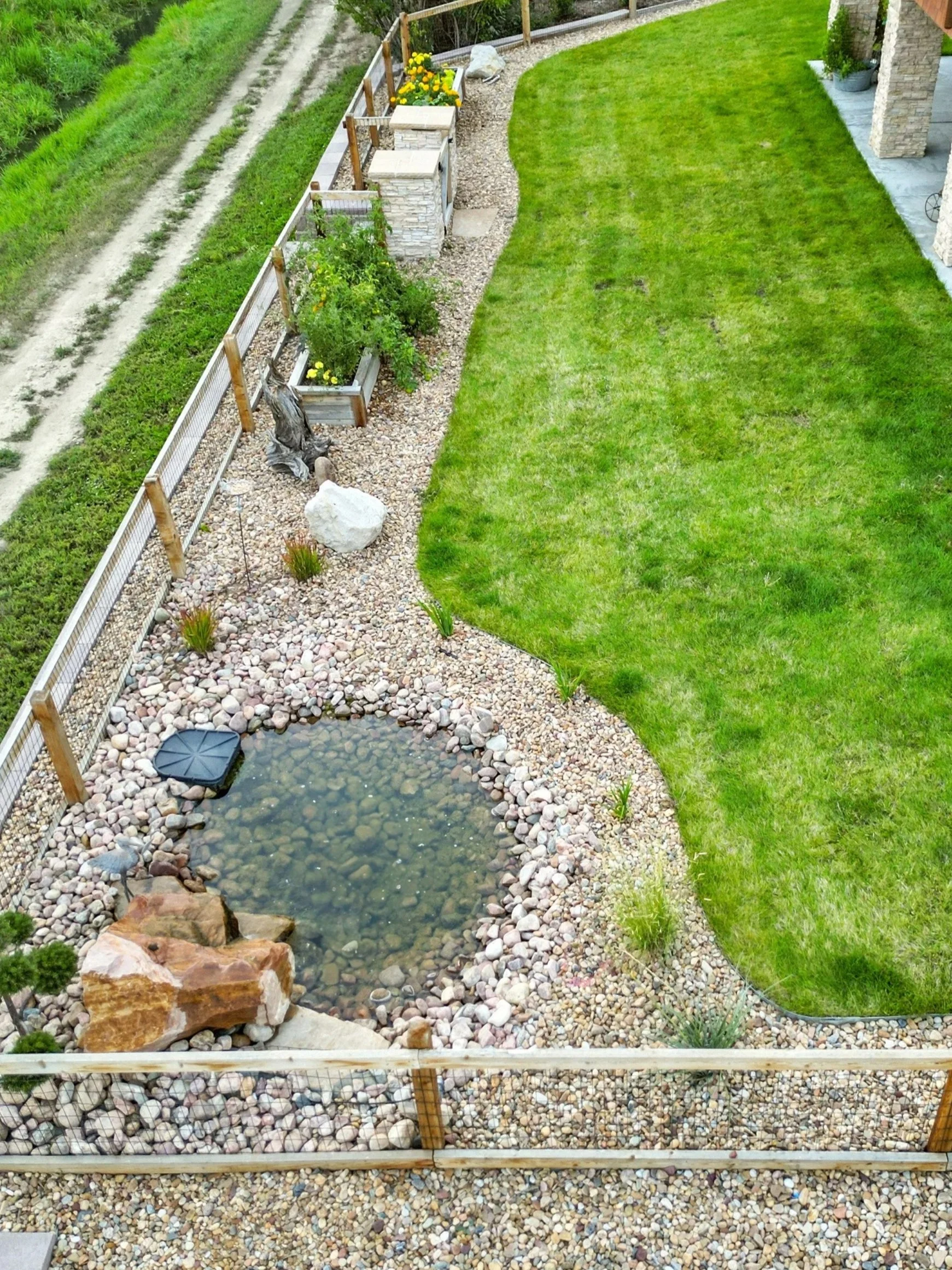 A backyard with a green lawn, a small pond with rocks, and a rock garden with various plants and gravel. There is a wooden fence separating the area from a dirt path.