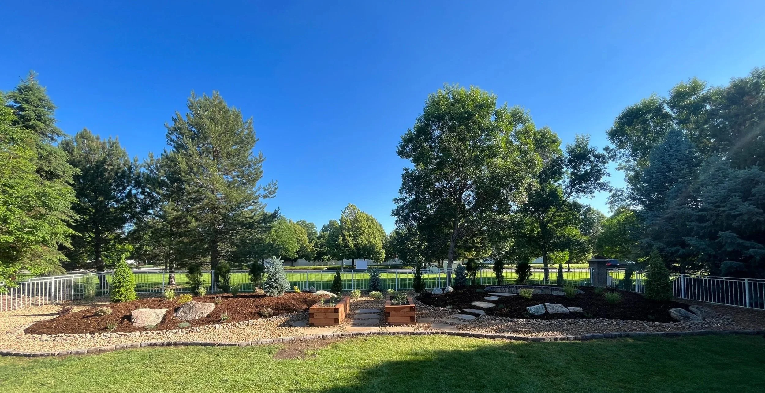 A well-maintained backyard garden with a small pathway made of stepping stones, surrounded by freshly mulched planting beds with small shrubs and trees, enclosed by a white metal fence with lush green trees and grass under a clear blue sky.