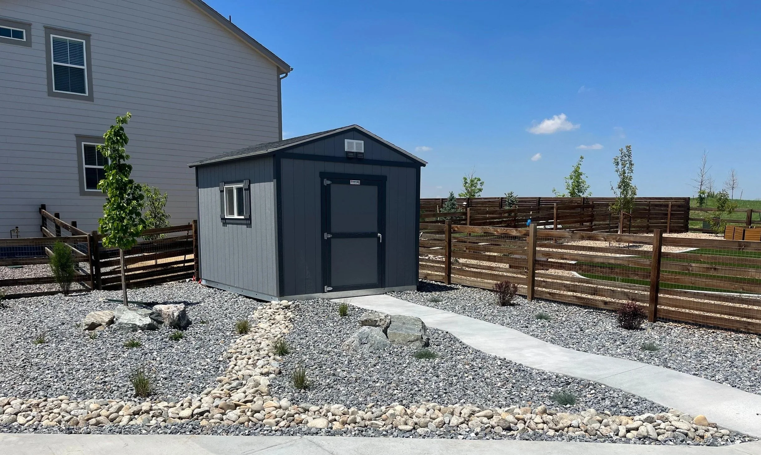 A small dark gray shed in a backyard, surrounded by rocks and a gravel landscape, with a white house nearby and a wooden fence in the background. There are young trees planted around the yard under a clear blue sky.