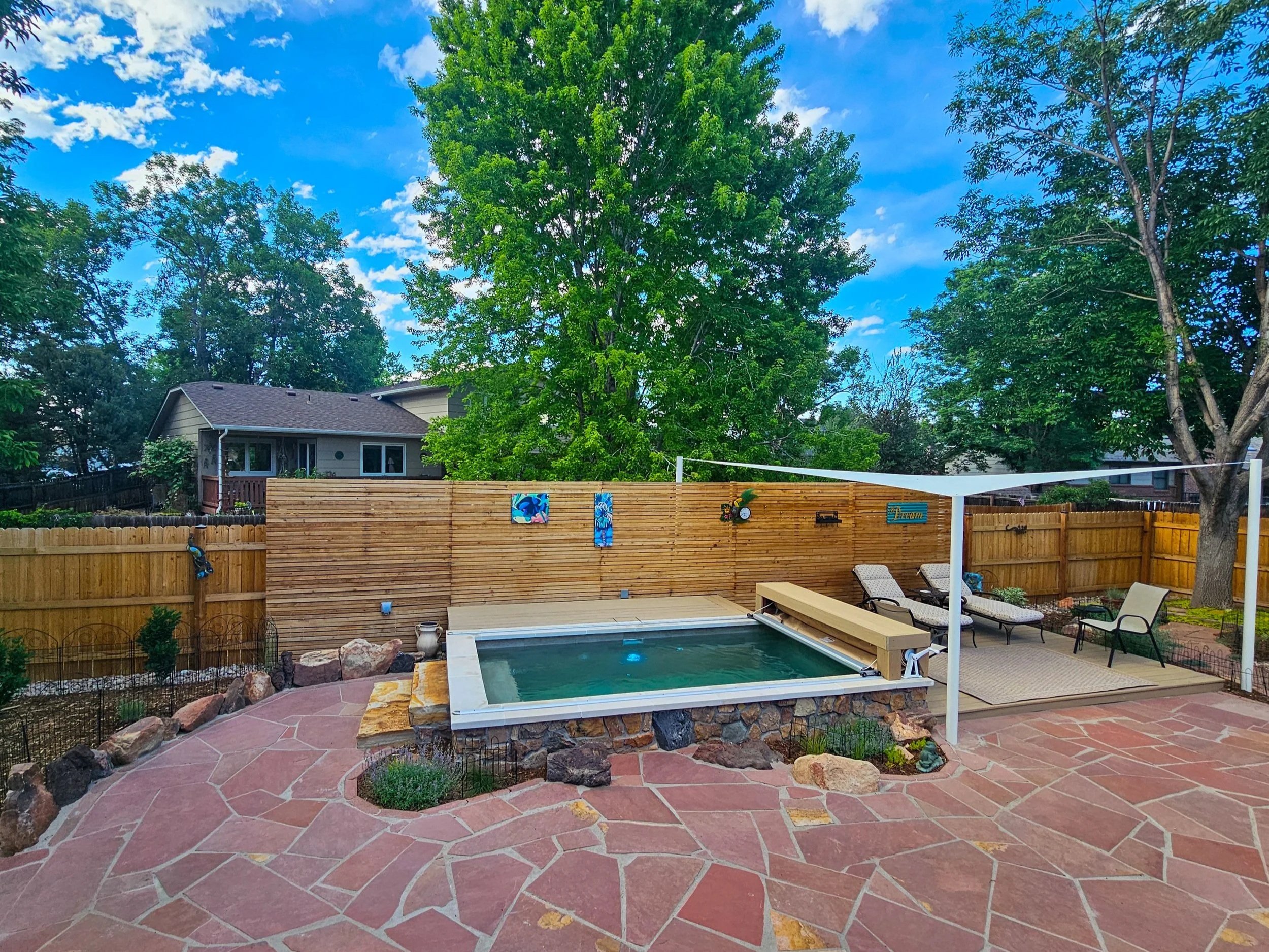 Plunge pool with stone patio and composite decking with native plantings
