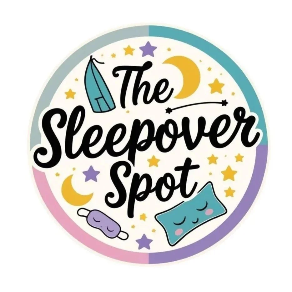 Colorful circular logo with the text 'The Sleepover Spot'. It features illustrations of a tent, crescent moon, stars, a sleeping mask, and a sleeping pillow, with a pastel color palette and decorative elements.