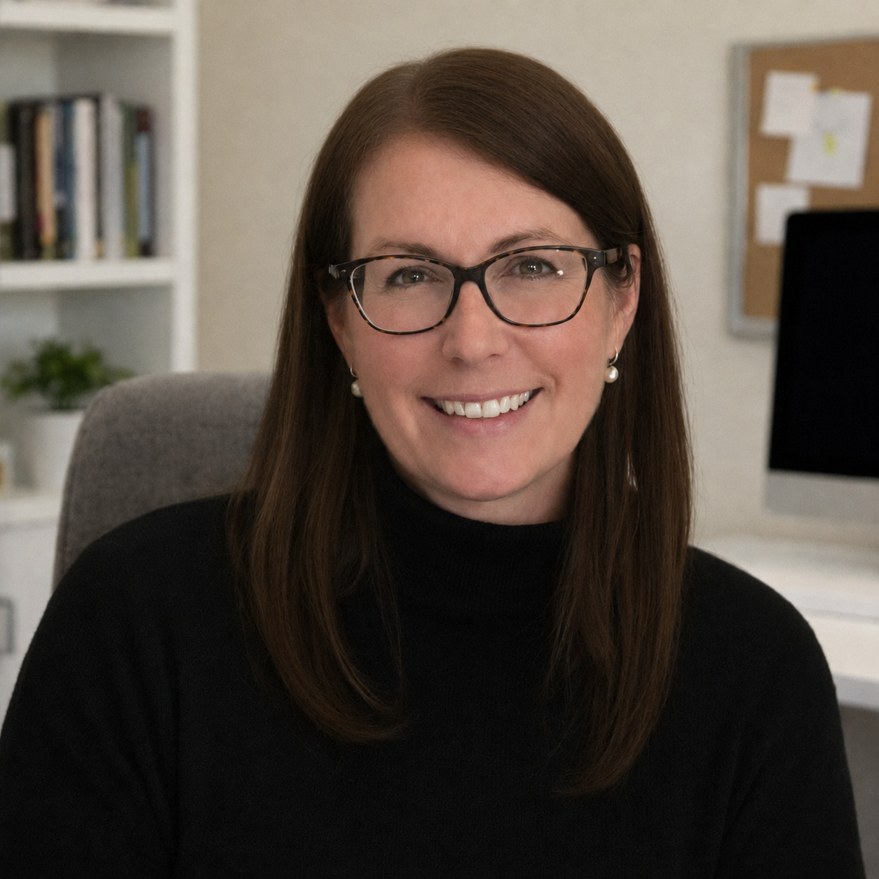A woman with brown hair, glasses, and pearl earrings smiling while sitting in an office.