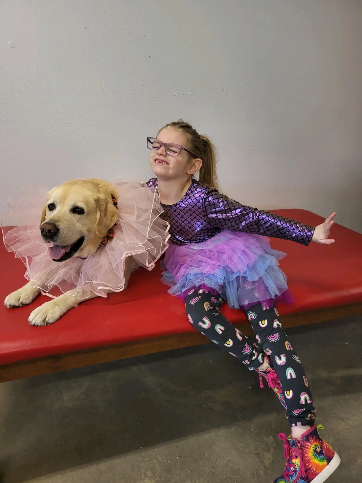 A young girl in colorful leggings, rainbow sneakers, and a purple unicorn-themed dress with a multicolored tutu, stretching out her arm, sitting next to a Golden Retriever wearing a pink tutu and a decorative collar, on a red cushioned table against a plain wall.