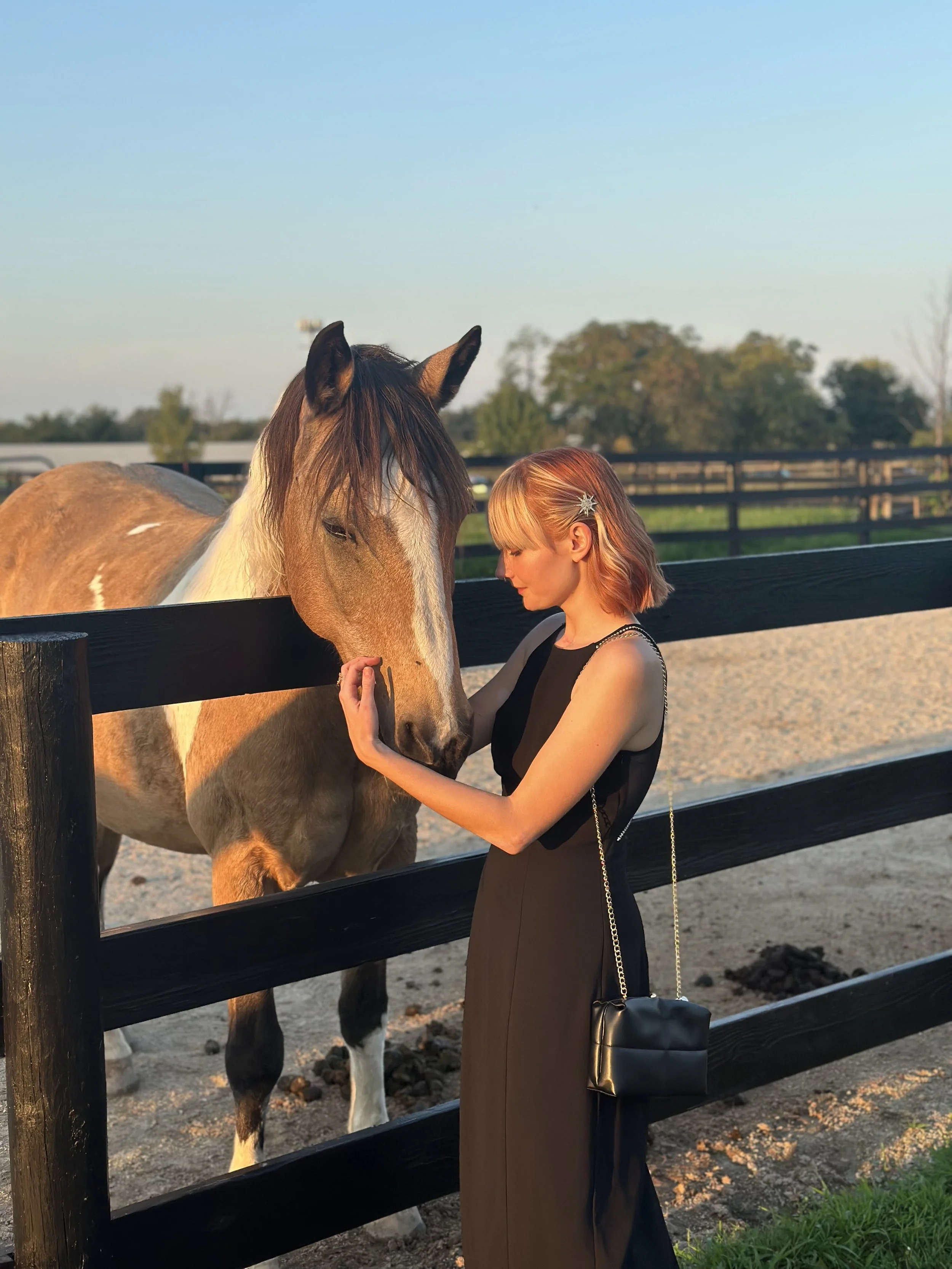 A woman with short blonde hair and a decorative hair clip talking to a horse at a fenced outdoor riding area during sunset.