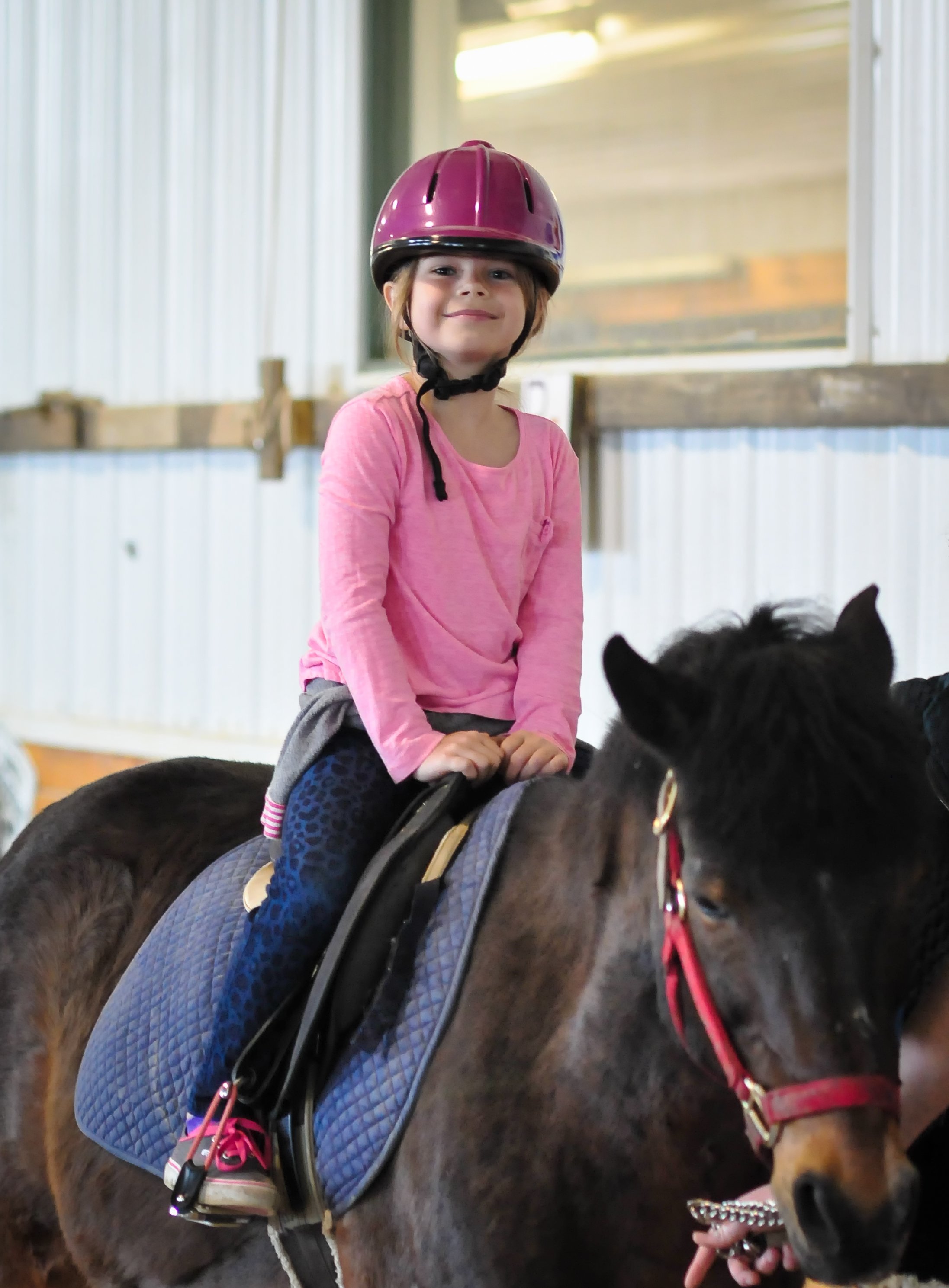 Young girl in pink shirt and helmet riding a horse in an indoor arena.