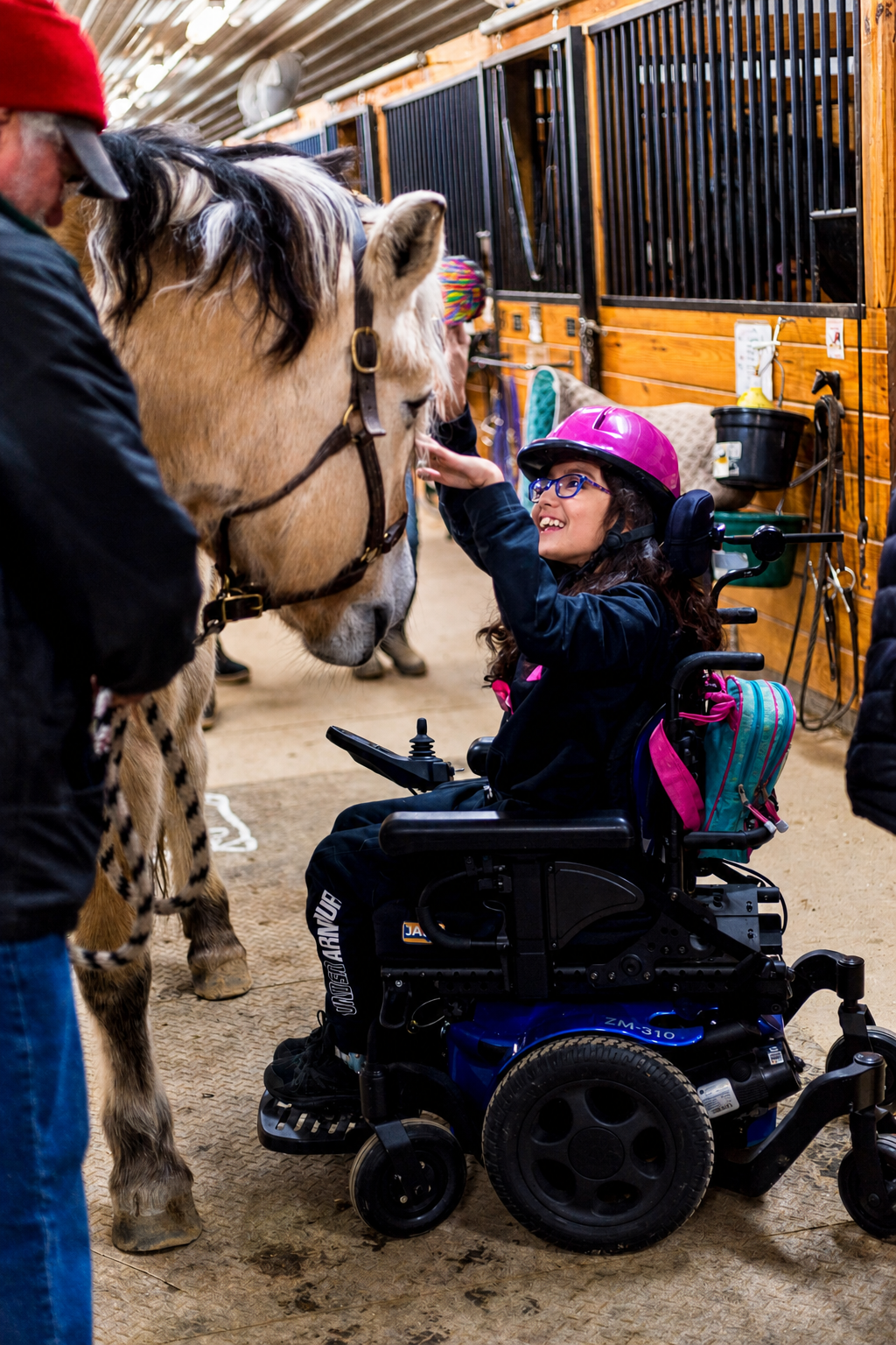 Girl with glasses in a wheelchair, wearing a pink helmet, smiling and petting a horse inside a barn.