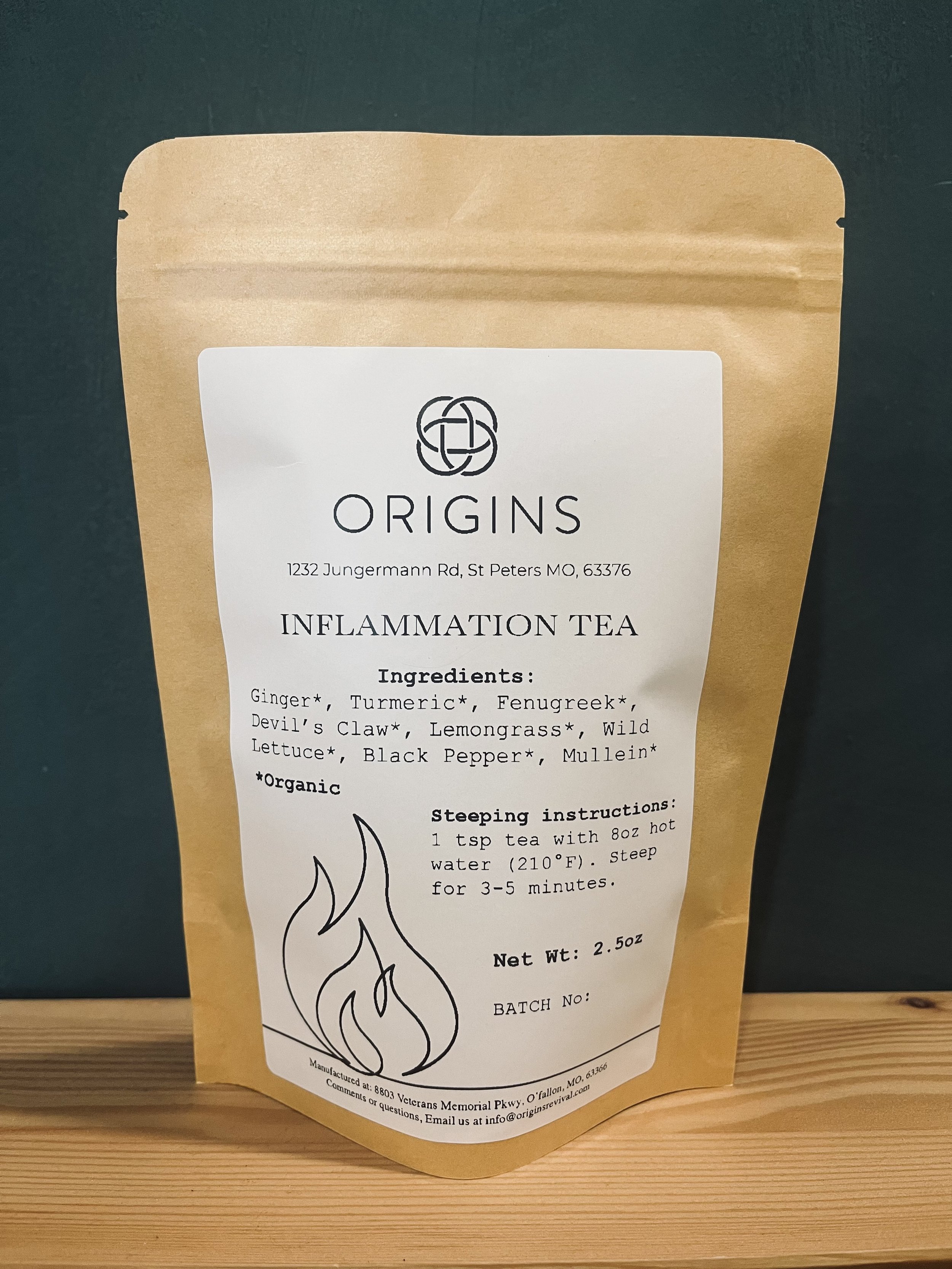 Origins Inflammation Tea loose leaf 2.0 ounces Origins Inflammation Tea with ginger, turmeric, fenugreek, lemongrass, wild lettuce, devil's claw, black pepper, and mullein