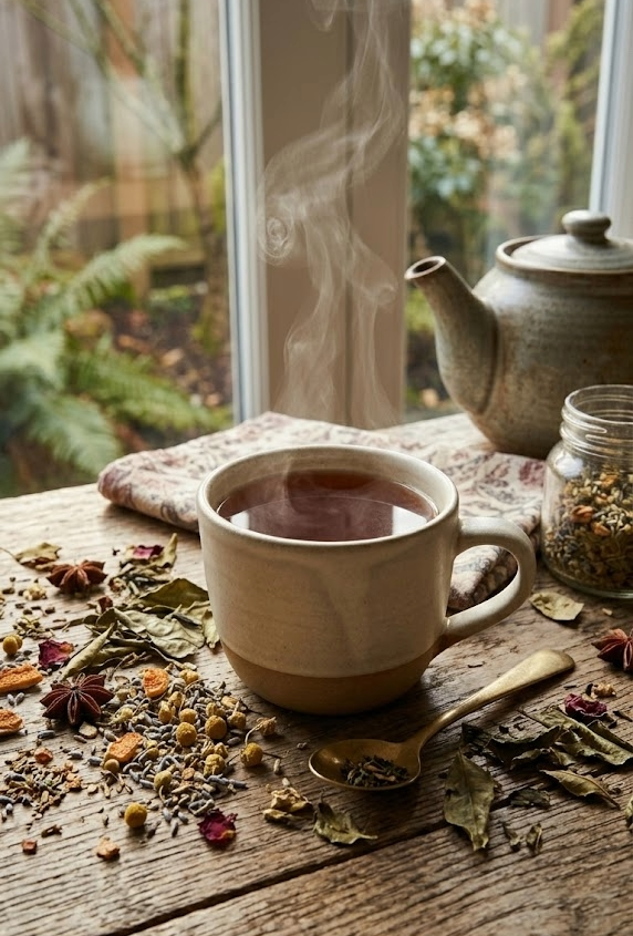 Cup of tea with loose herbs on a table