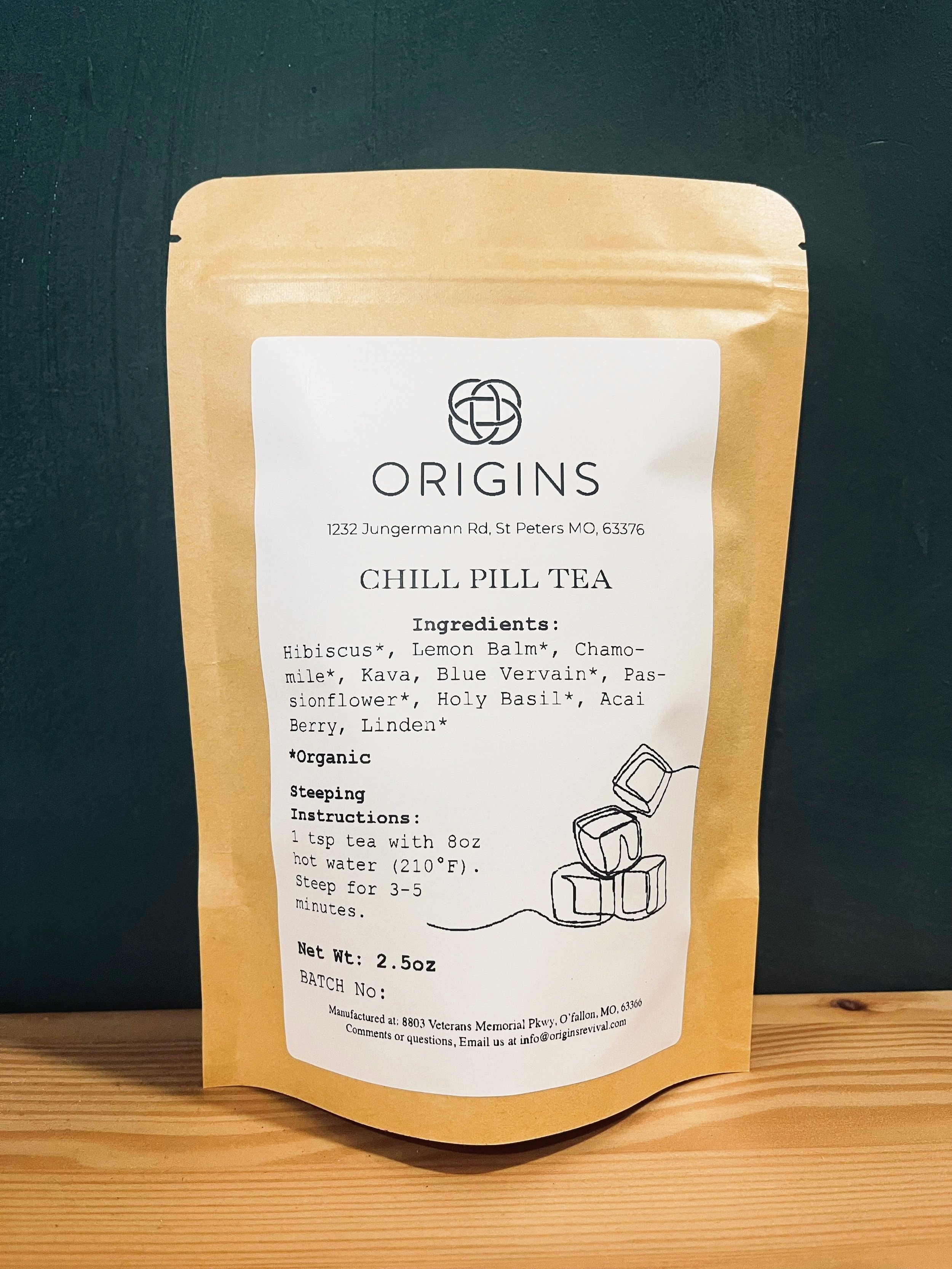 Origins Chill Pill loose leaf tea 2.5 ounces featuring hibiscus, passionflower, blue vervain, linden, lemon balm, kava, chamomile, and acai berry