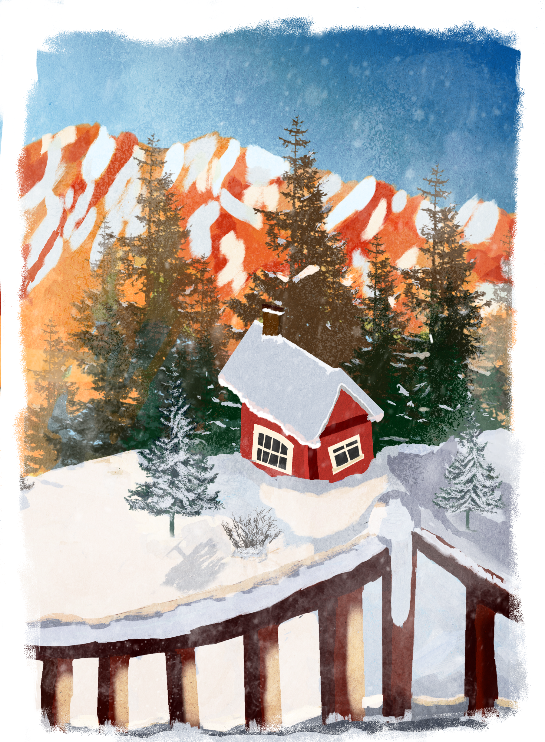 A painting of a snowy landscape with a small red house with white roof, surrounded by evergreen trees, with mountains in the background and a blue sky.