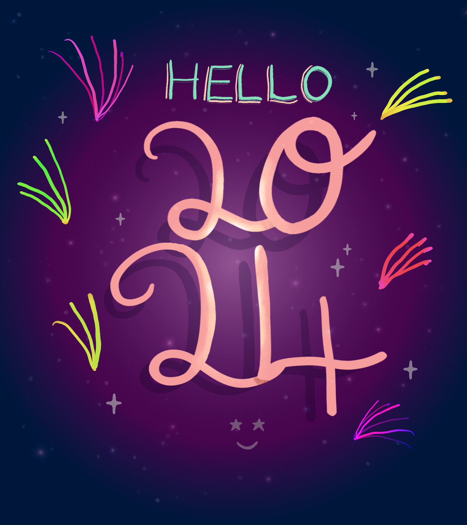 A colorful digital graphic with neon-style text that says "HELLO 2024" against a dark, starry background decorated with multicolored fireworks and smiley face.