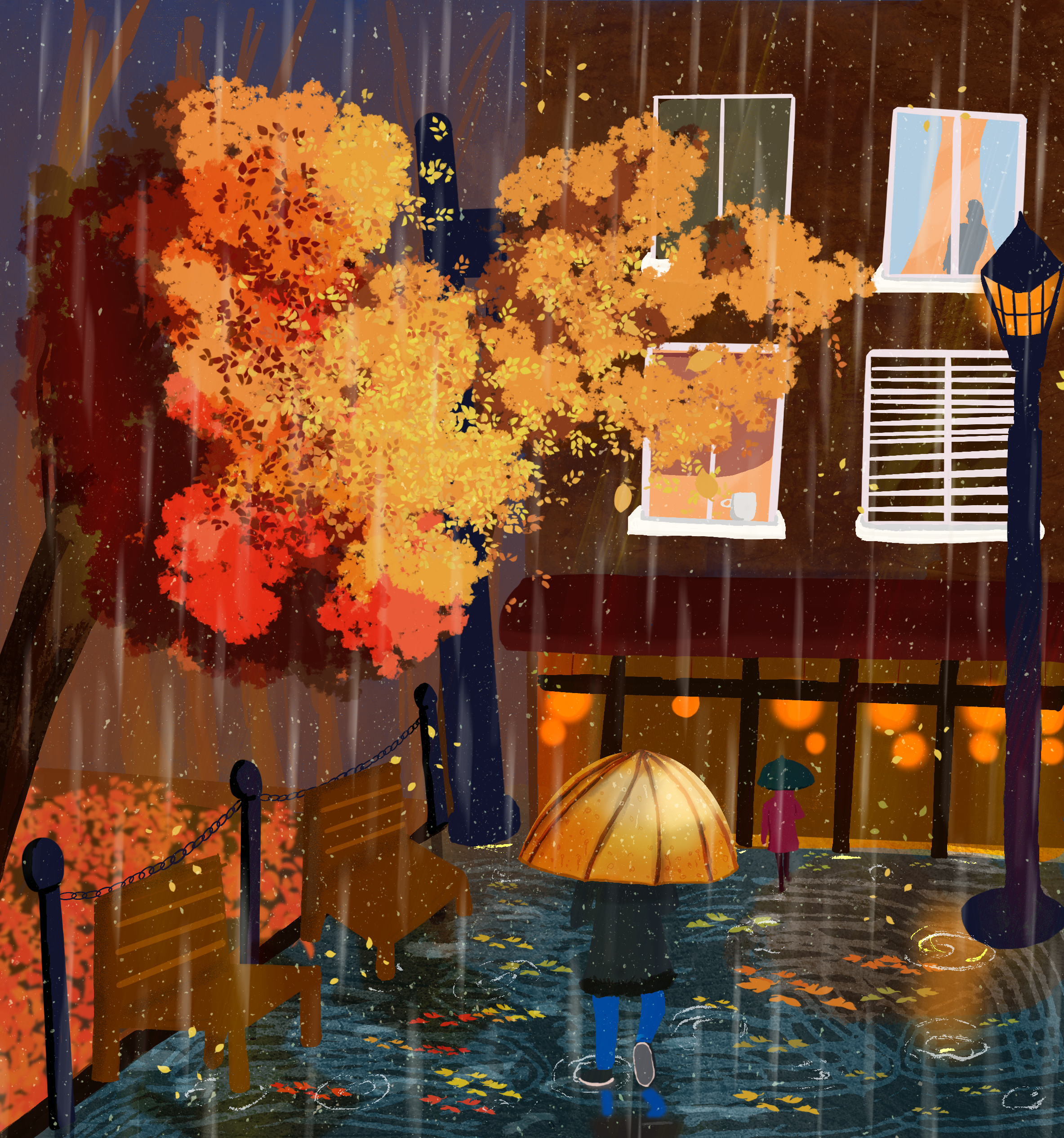 Rainy evening scene with a person holding an orange umbrella walking on a wet sidewalk, surrounded by vibrant orange and red autumn trees, illuminated street lamps, and a building with windows showing silhouettes and warm indoor lighting.