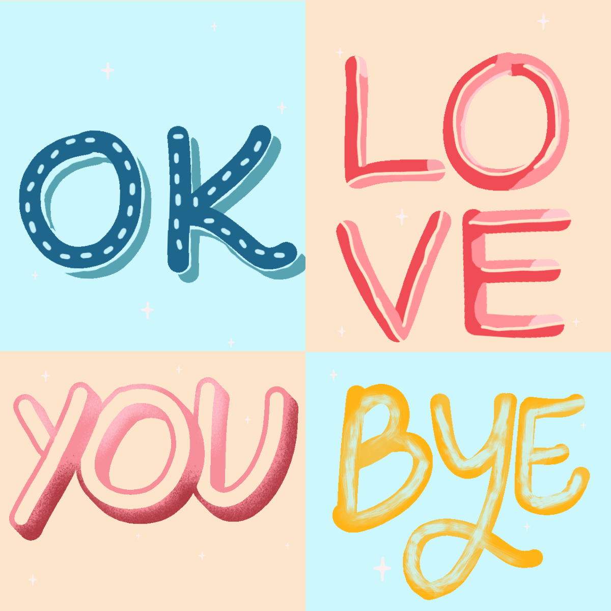 Colorful illustration with the words 'OK', 'LOVE', 'YOU', and 'BYE' in stylized, hand-drawn fonts on pastel backgrounds.