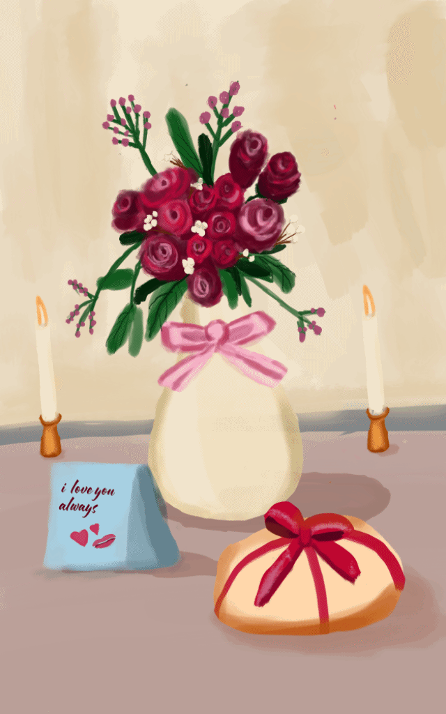 A bouquet of pink and red roses with green leaves in a cream-colored vase decorated with a pink ribbon, two white candles in wooden holders, a blue card with red hearts and a message that says "i love you always," and a heart-shaped gift wrapped with