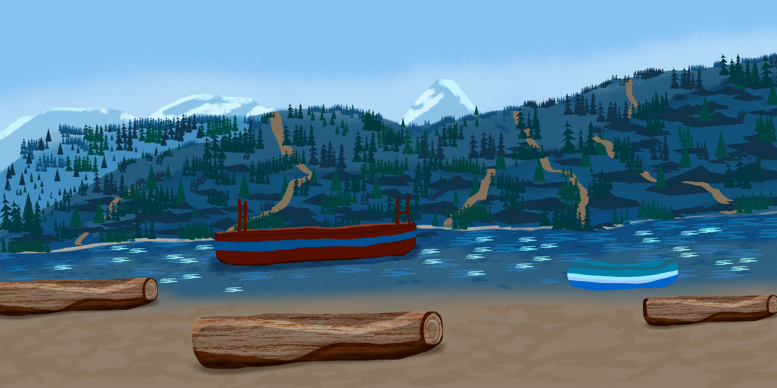 A digital illustration of a mountain lake scene with snow-capped peaks, pine trees on the mountainside, and logs on the sandy shore. There are two small boats on the water, one red and blue, and one blue and white.