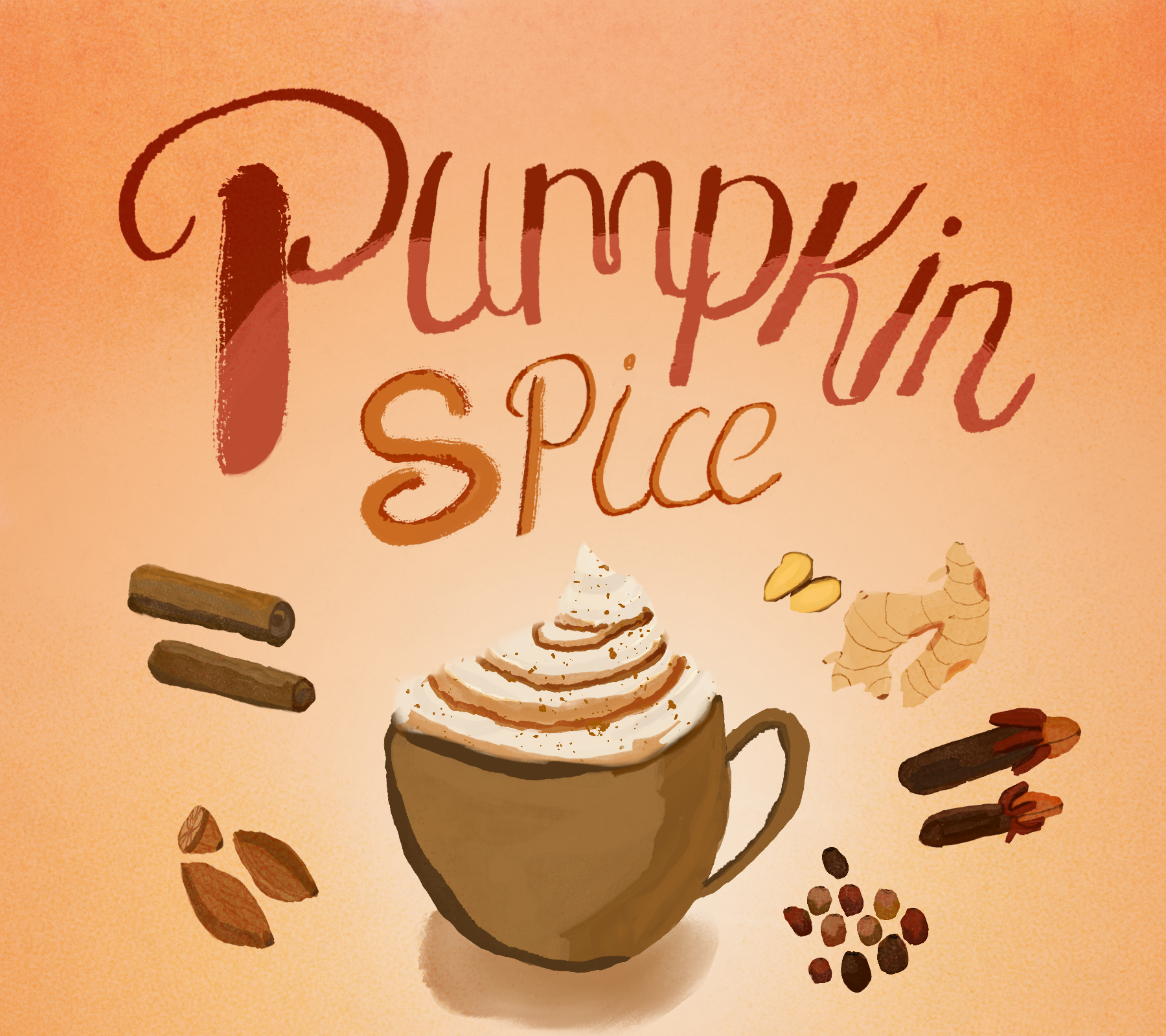 A graphic with the text 'Pumpkin Spice' in a stylish font with an illustration of a mug of whipped cream-topped pumpkin spice latte, surrounded by cinnamon sticks, ginger, almonds, and peppercorns, against a warm orange background.